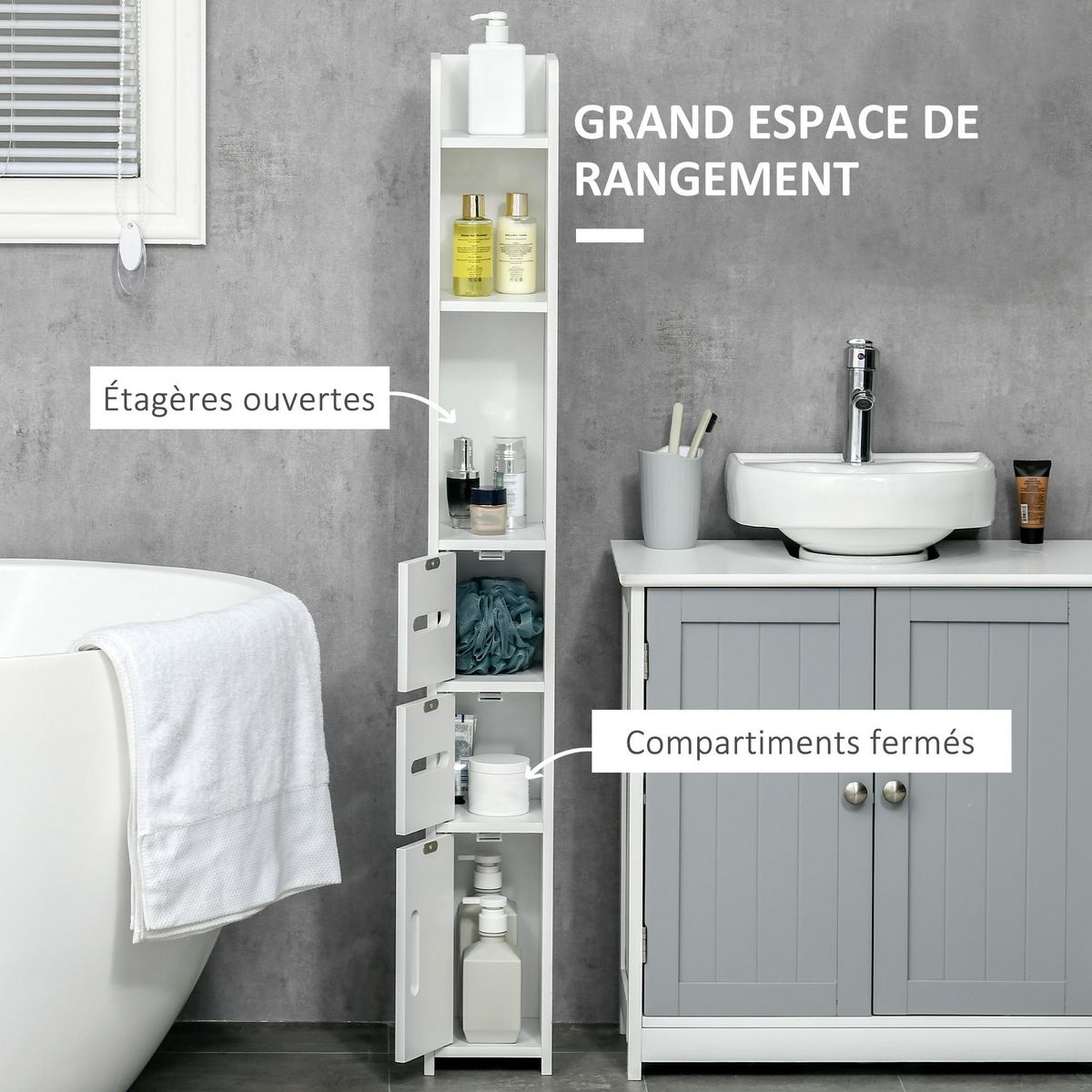 KLEANKIN Meuble bas colonne rangement salle de bain WC 3 portes 2 niches étagère blanc
