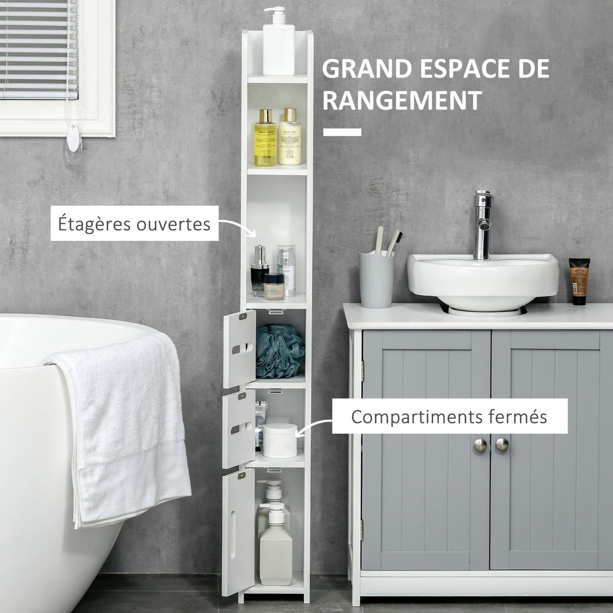 KLEANKIN Meuble bas colonne rangement salle de bain WC 3 portes 2 niches étagère blanc