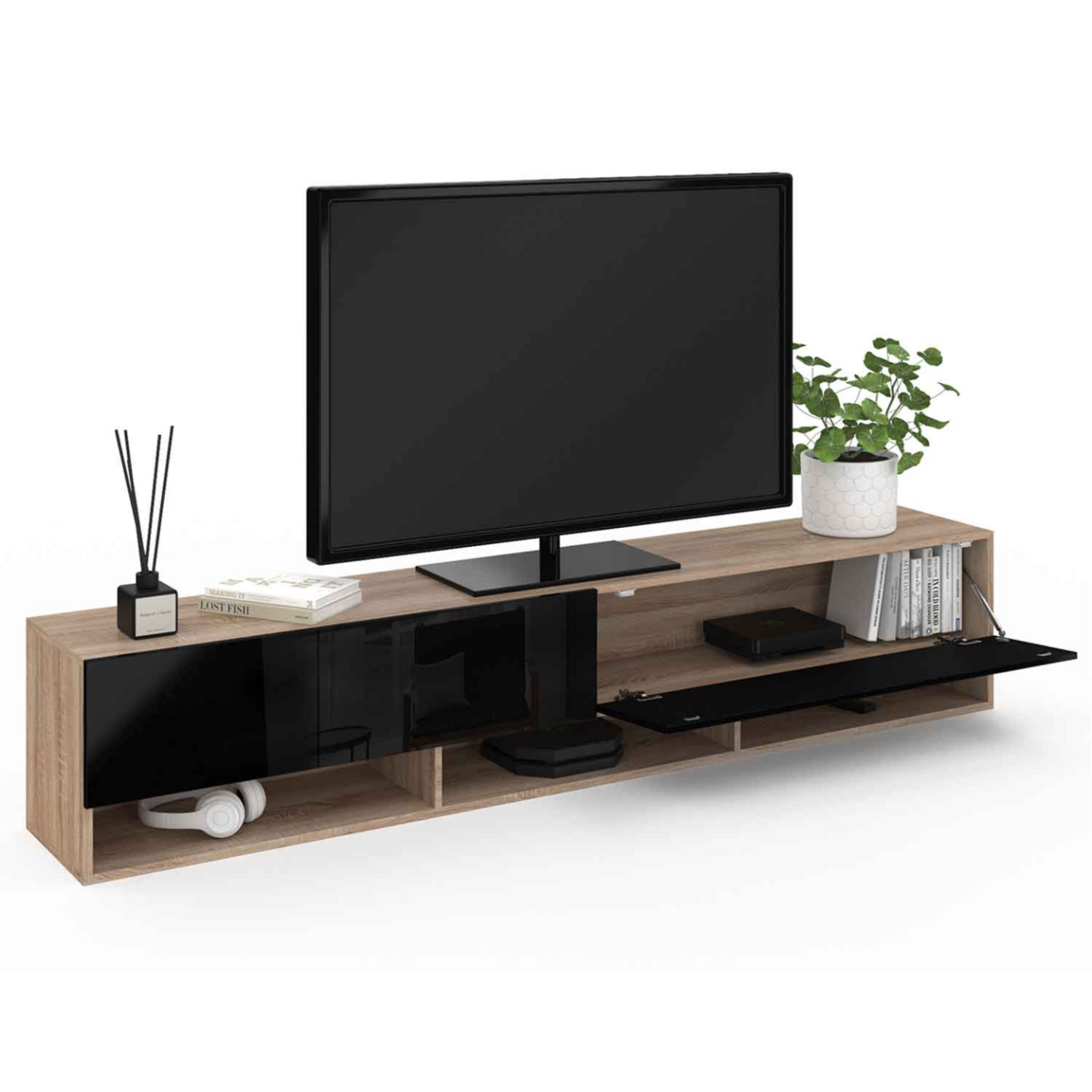 ID MARKET Meuble TV 180 cm suspendu ELIO 2 portes avec étagère bois et noir