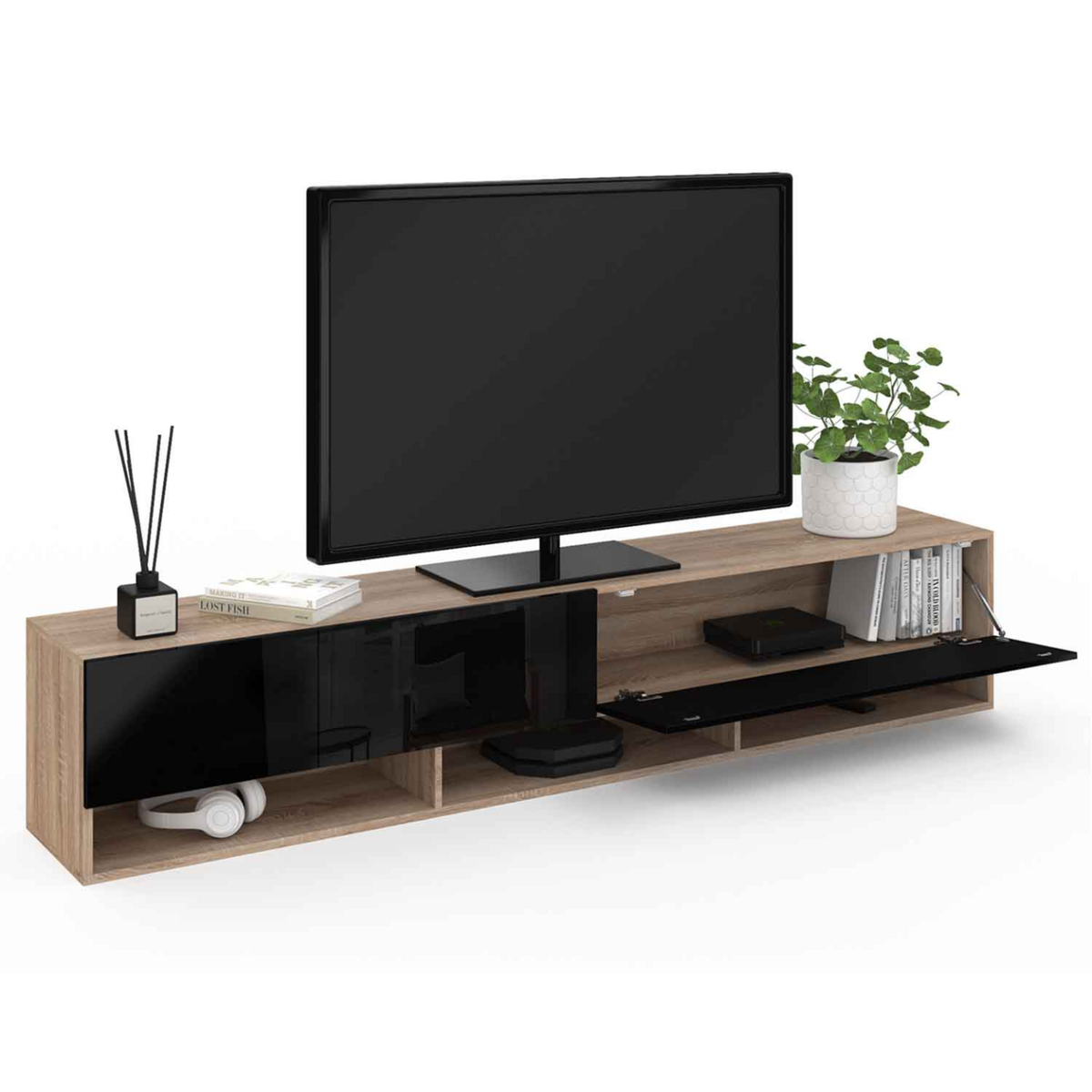 ID MARKET Meuble TV 180 cm suspendu ELIO 2 portes avec étagère bois et noir