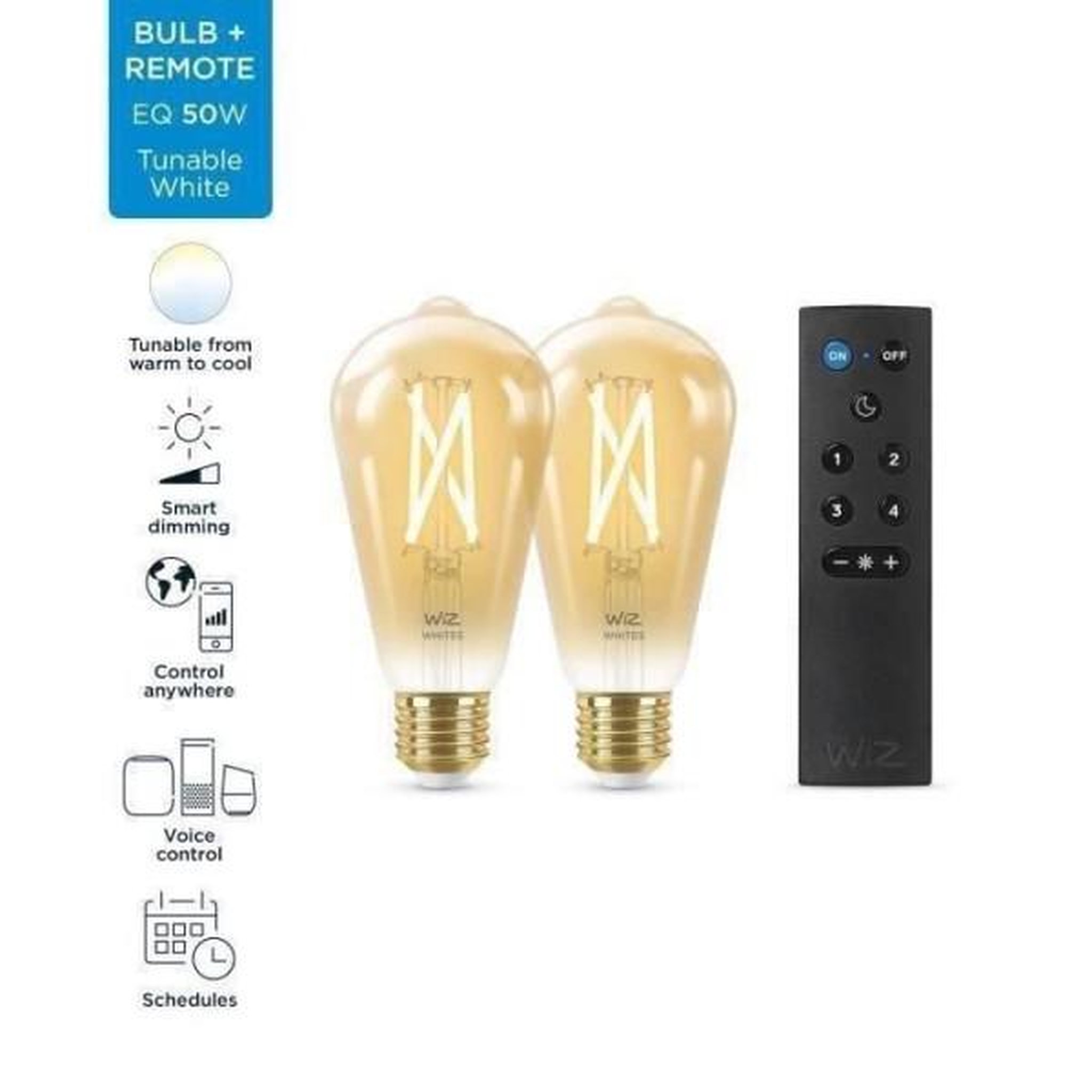 Voir la diapositive 3 : WIZ Kit de démarrage WiZ 2 ampoules connectées Edison Blanc variable E27 50W + Télécommande nomade variateur de lumiere
