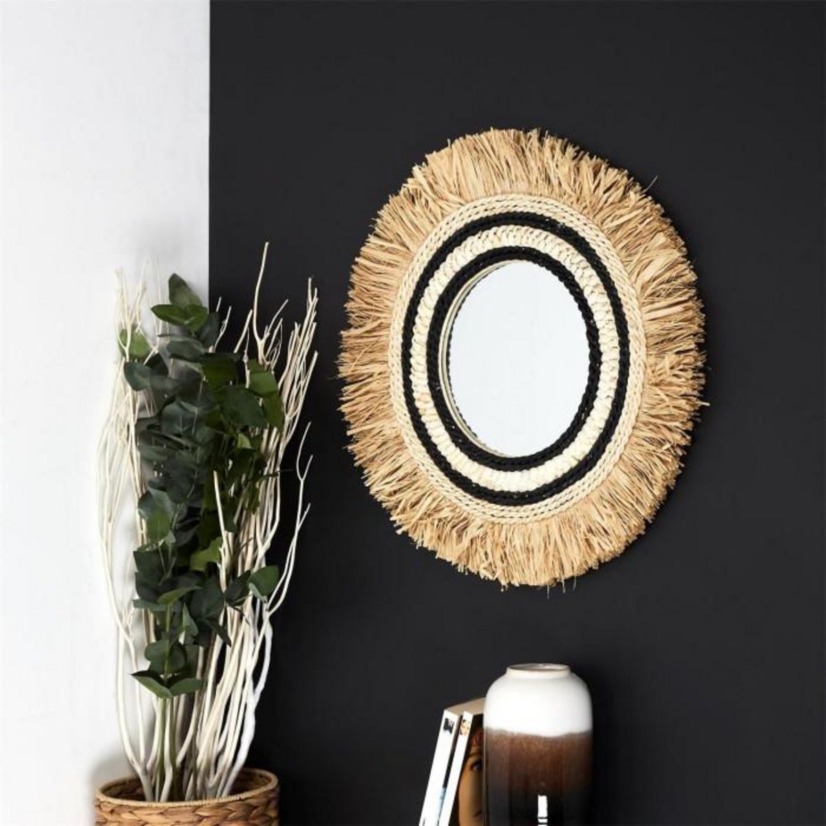 Paris Prix Miroir Mural en Paille  Sauvage  58cm Beige & Noir