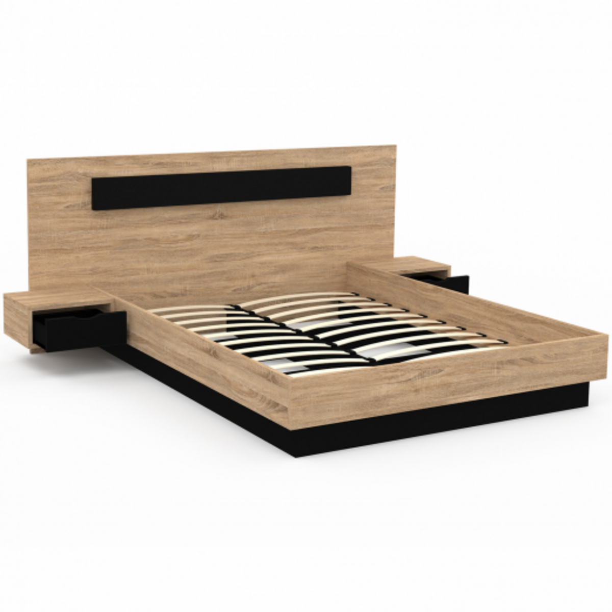ID MARKET Lit double SANTA avec tête de lit + tables de chevet intégrées et sommier 160 x 200 cm bois et noir