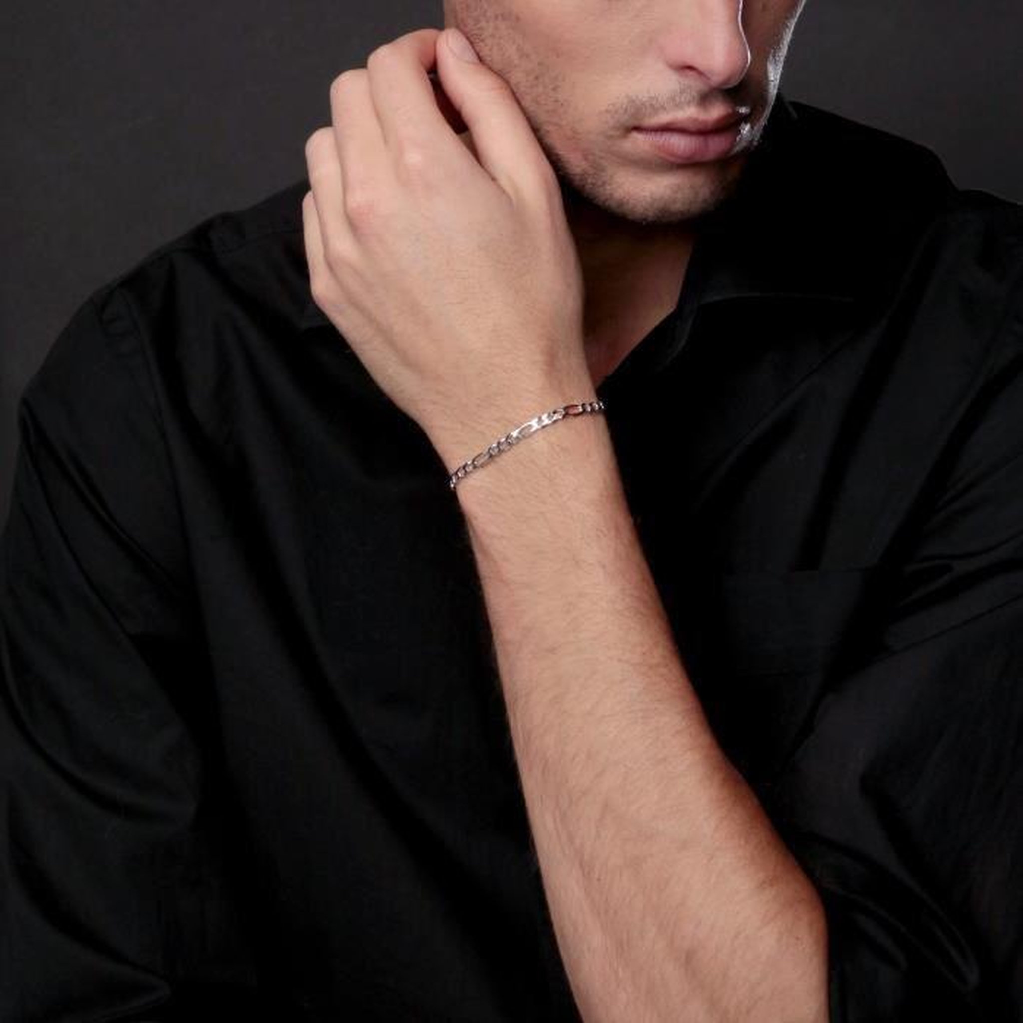 Voir la diapositive 2 : L'ATELIER D'AZUR Bracelet Argent 925/000 Maille Figaro Alternée 1+3 - Homme