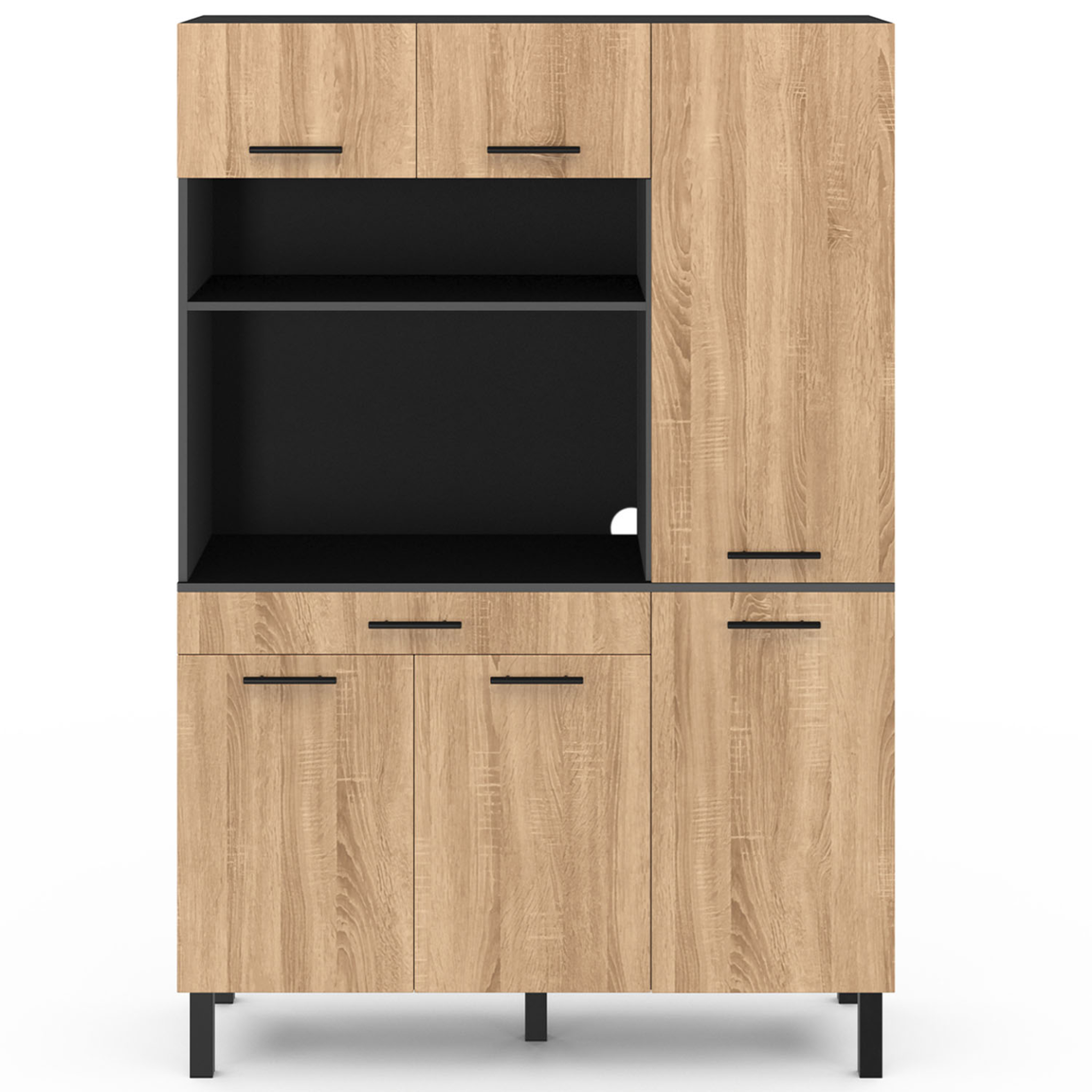 Voir la diapositive 3 : ID MARKET Buffet de cuisine avec colonne de rangement 120 cm cina 6 portes + tiroir noir et façon hêtre