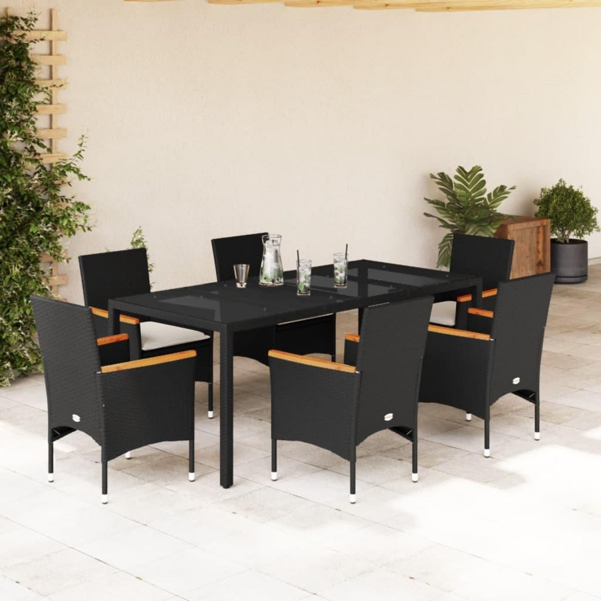VIDAXL Ensemble a manger de jardin et coussins 7 pcs noir rotin acacia