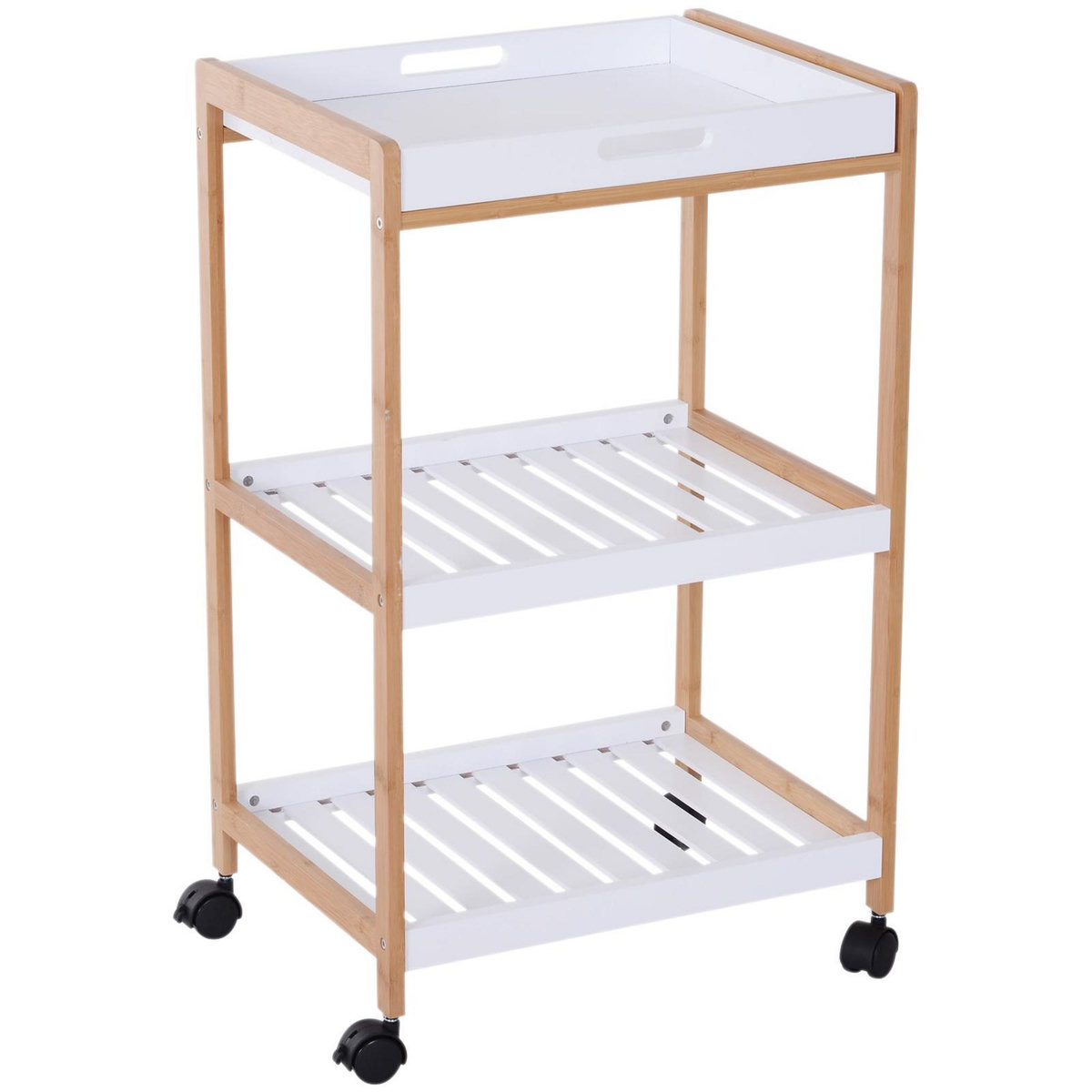 HOMCOM Chariot de service desserte de cuisine à roulettes 2 étagères + plateau amovible bois de pin MDF blanc