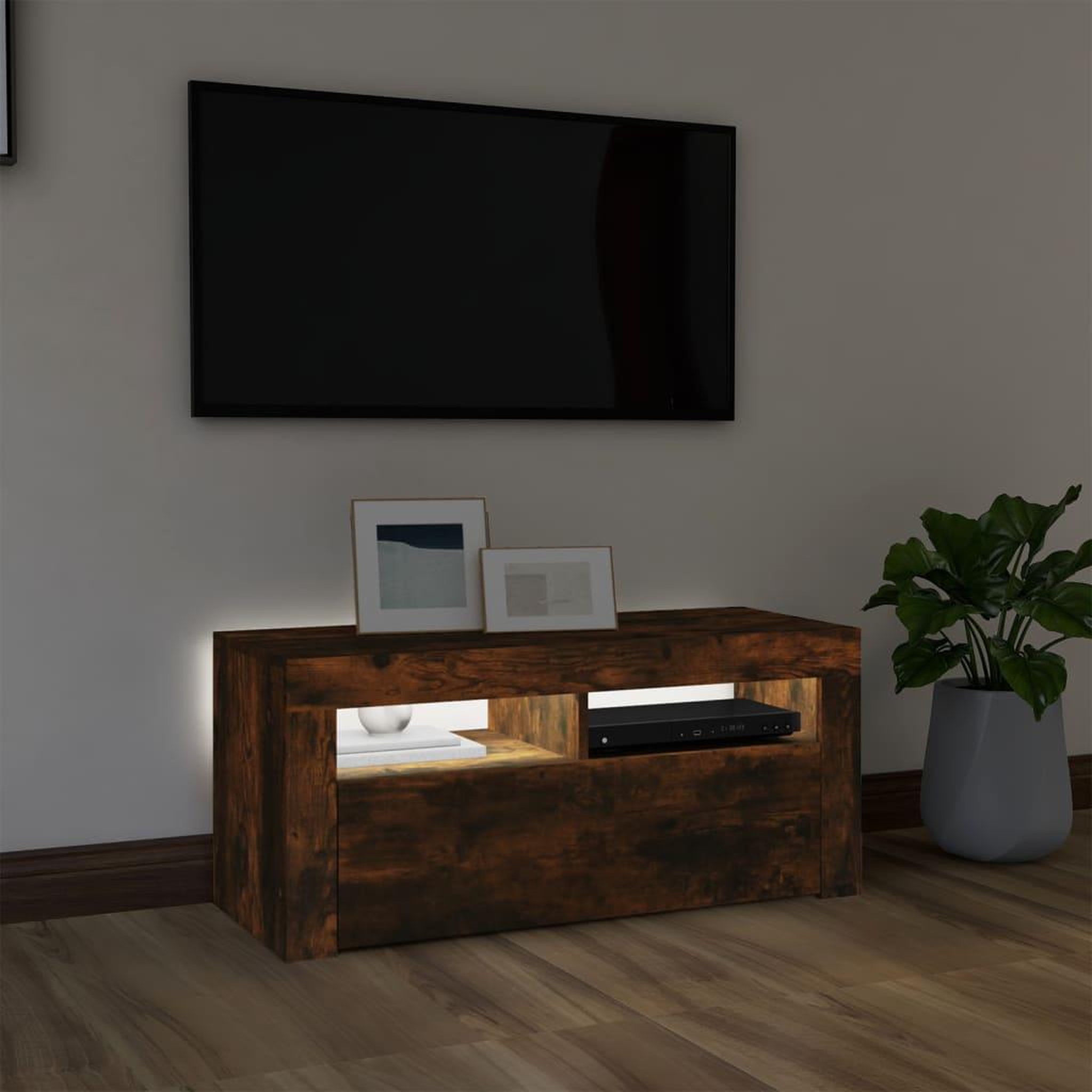 Voir la diapositive 3 : VIDAXL Meuble TV avec lumieres LED Chene fume 90x35x40 cm