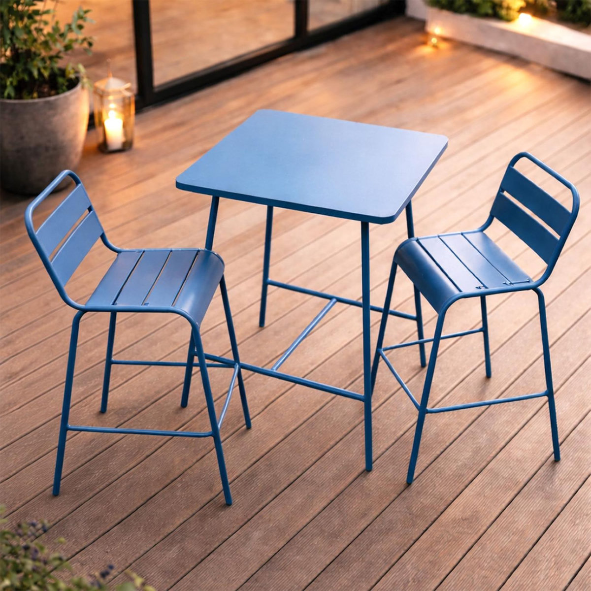 CONCEPT USINE Ensemble table de bar et 2 chaises hautes d'extérieur bleu BERGAME