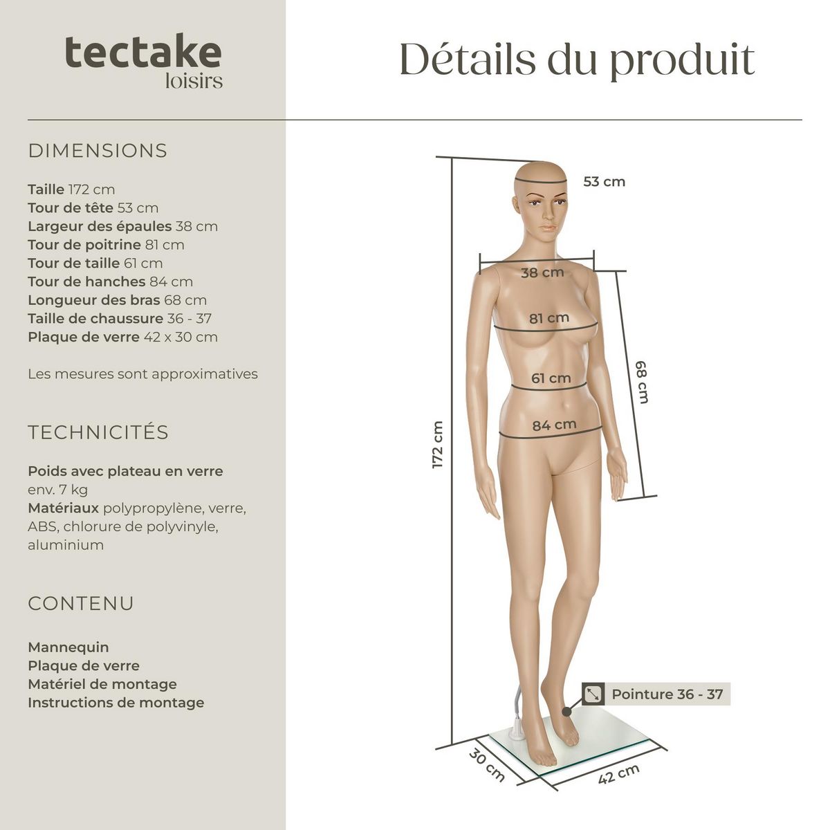 tectake Mannequin de vitrine en plastique beige