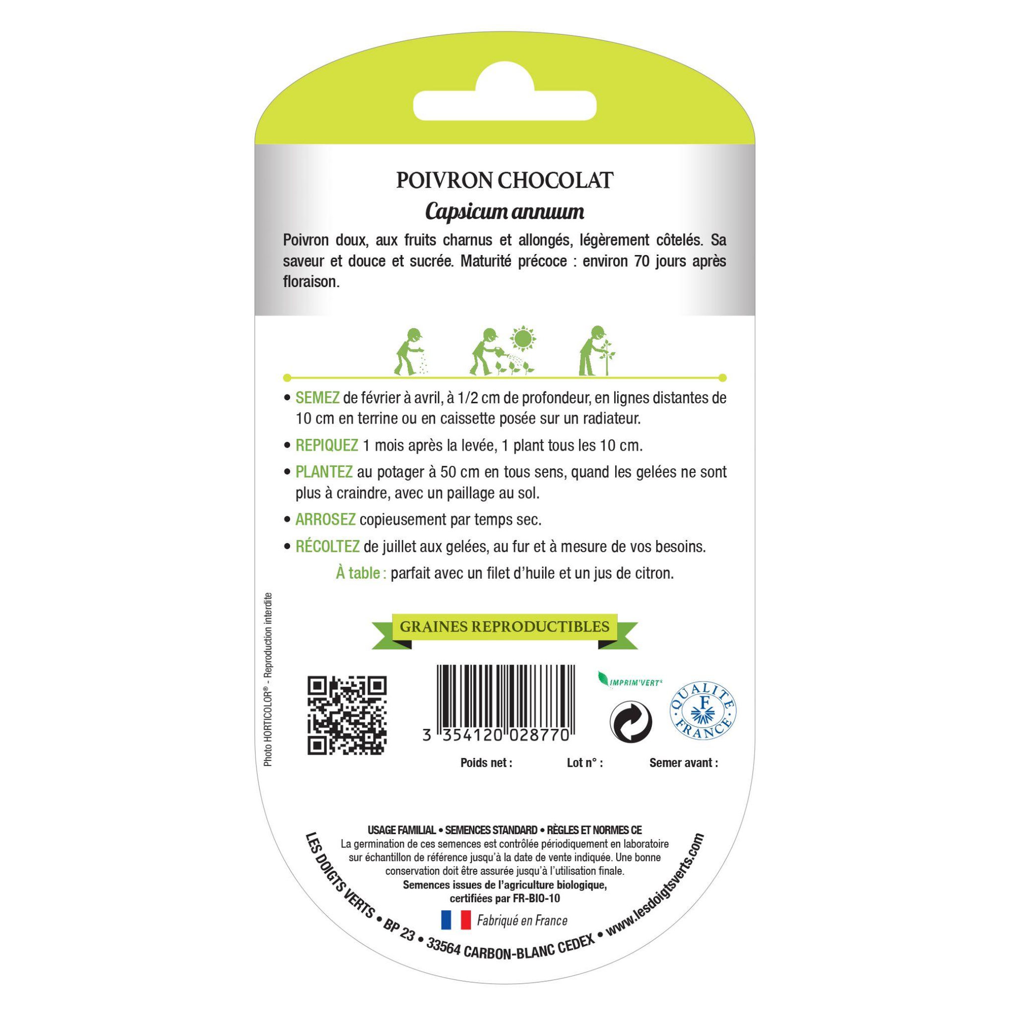 Voir la diapositive 2 : LES DOIGTS VERTS Graines poivron chocolat BIO Les Doigts Verts
