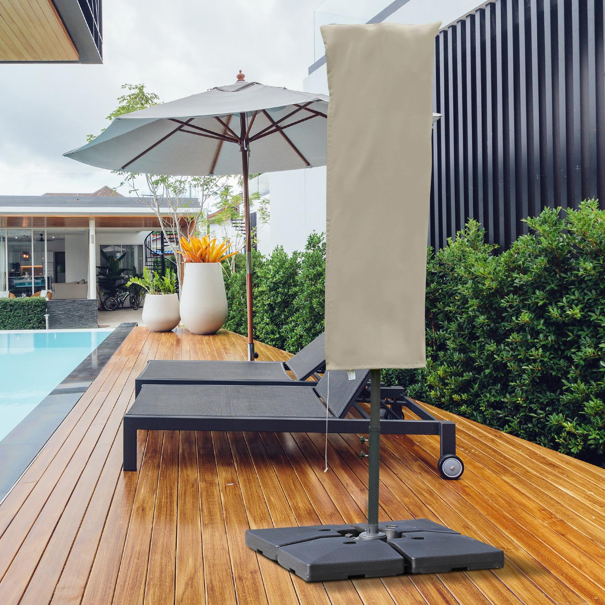 Voir la diapositive 2 : OUTSUNNY Housse de protection imperméable pour parasol droit avec fermeture éclair et cordon de serrage polyester oxford kaki léger