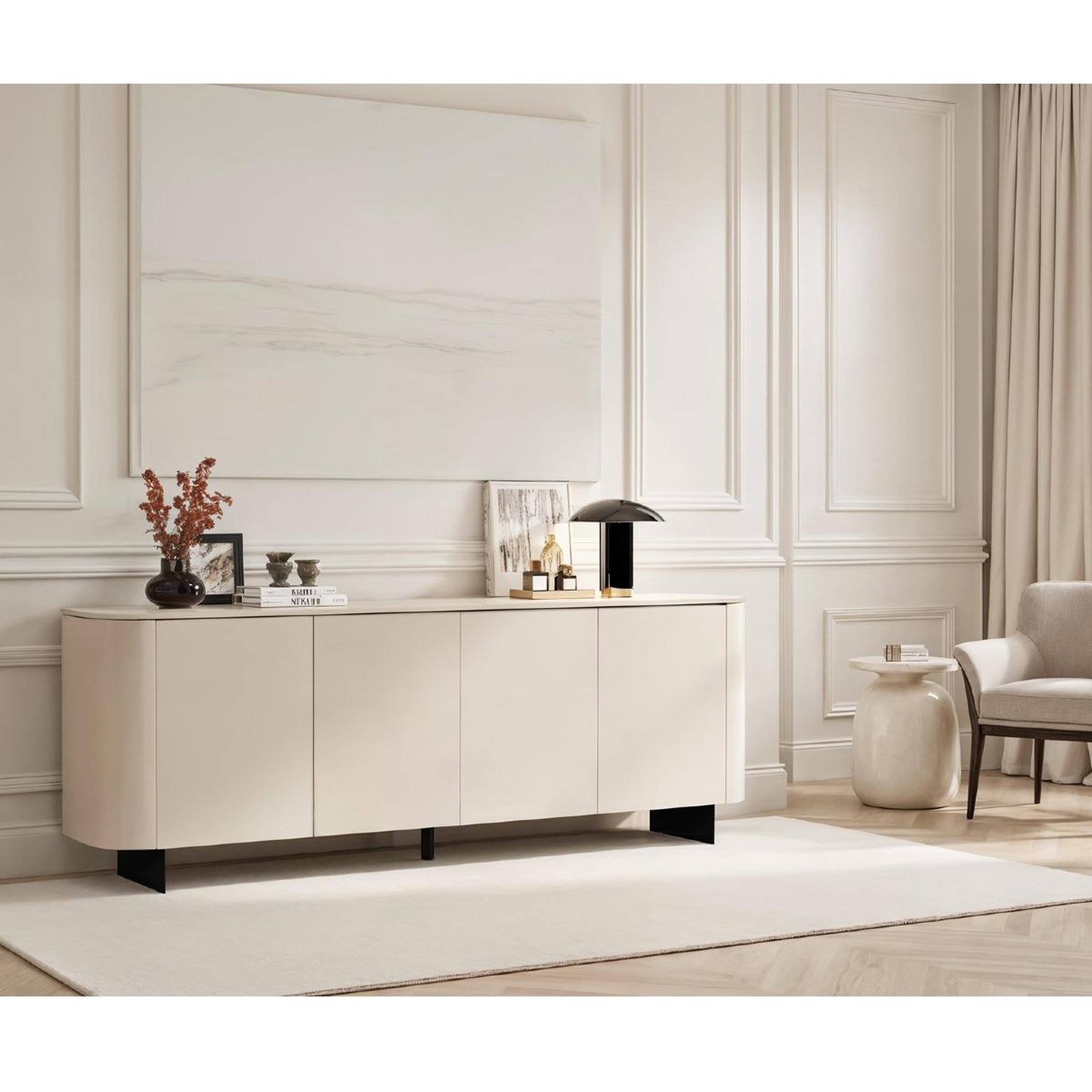 Voir la diapositive 2 : JLC KREATION Buffet bas beige cachemire 4 portes 230cm isabela