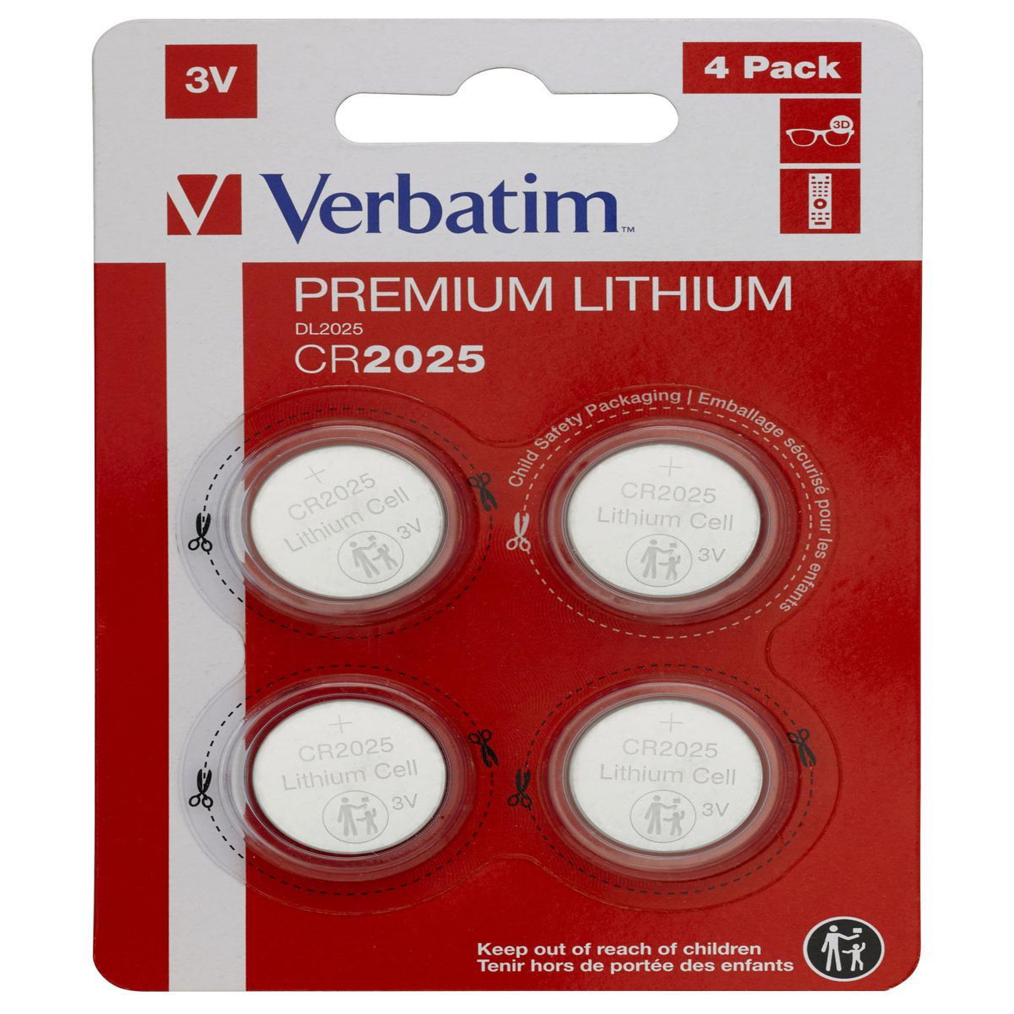 Voir la diapositive 2 : Verbatim Pile CR2025 - Pile au lithium 3V (pack de 4)
