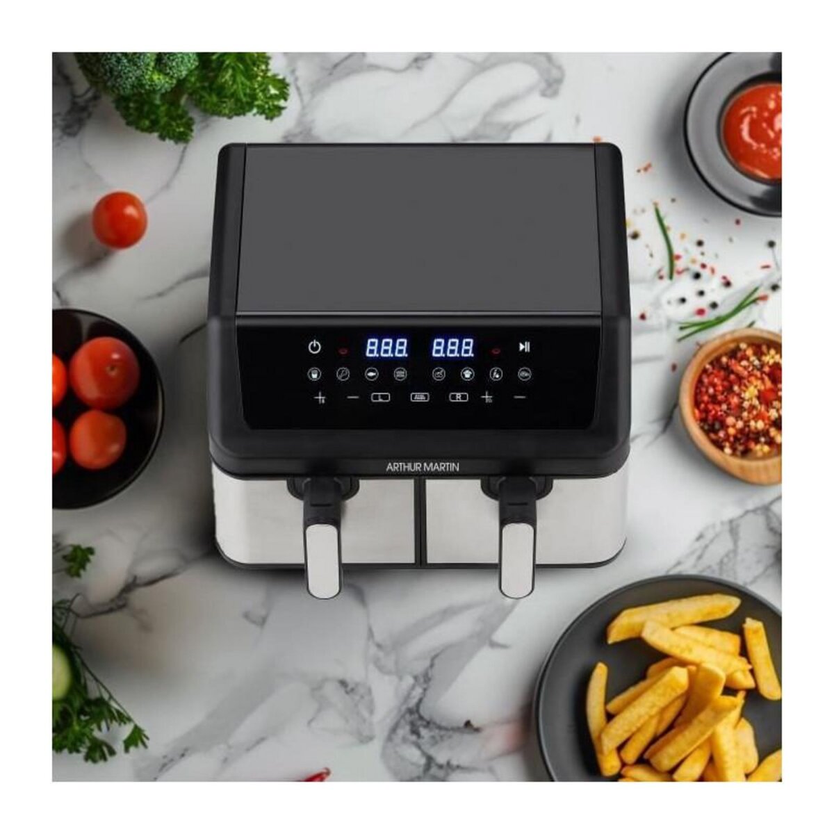 Arthur Martin Friteuse sans huile - ARTHUR MARTIN - Airfryer AMPF9 - 2 cuves de 4,5L - 2000W - Affichage LED