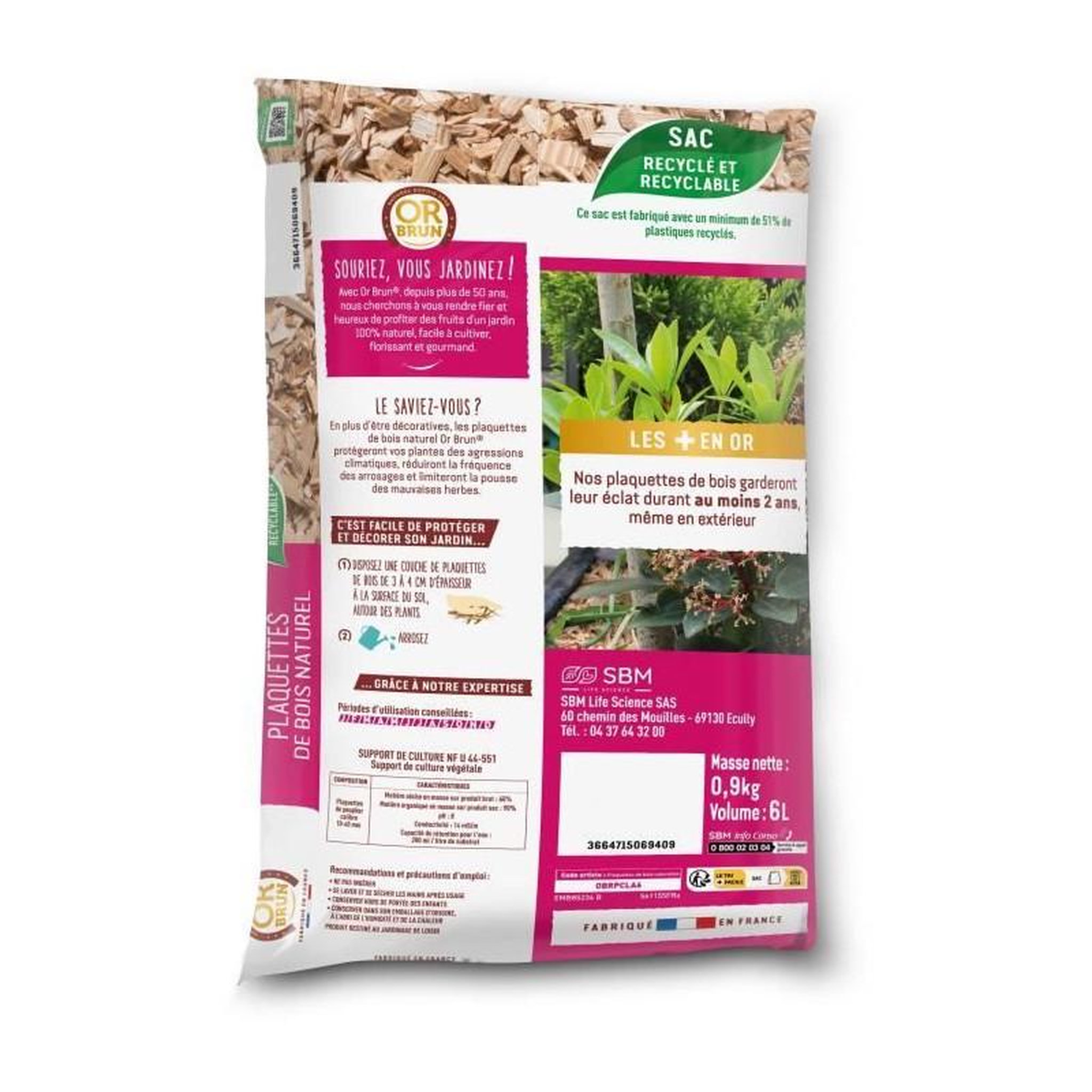 Voir la diapositive 2 : OR BRUN Paillage Massifs & Fleurs - OR BRUN - OBRPCLA6U - 6L - Plaquettes de bois naturel