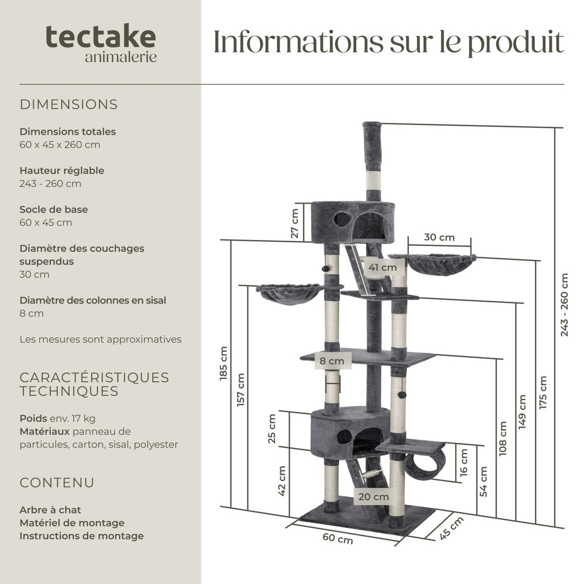 tectake Arbre à chat 243 à 260 cm avec griffoir et plateforme d'escalade gris