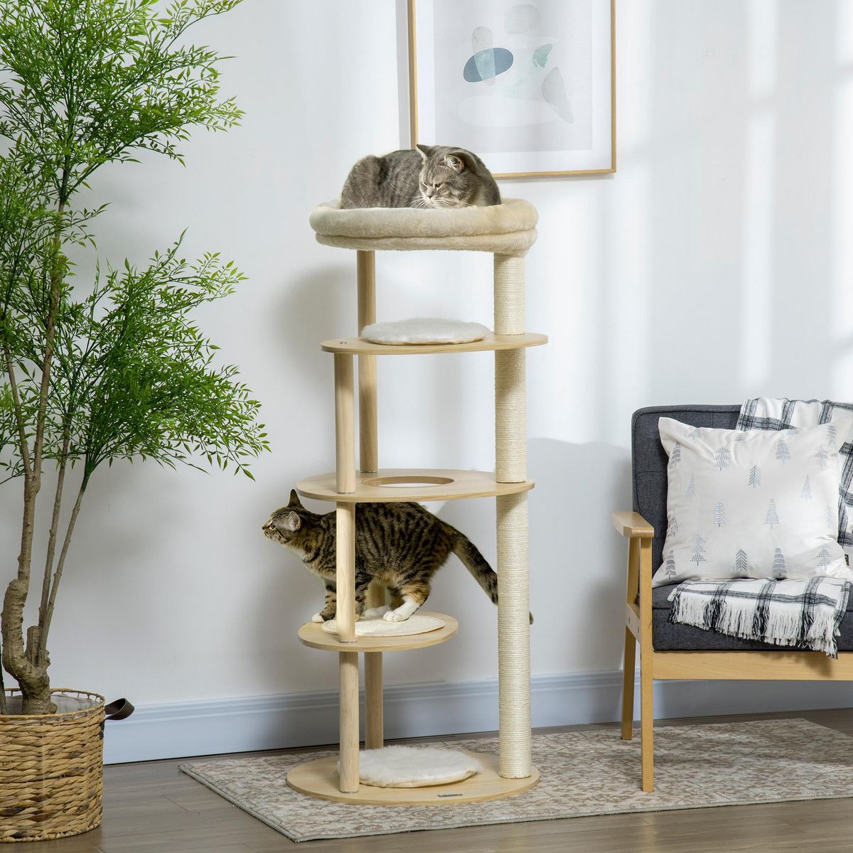 PAWHUT Arbre à chat style nordique griffoir sisal naturel 4 plateformes coussins panier d'observation amovible bois pin panneaux bois clair