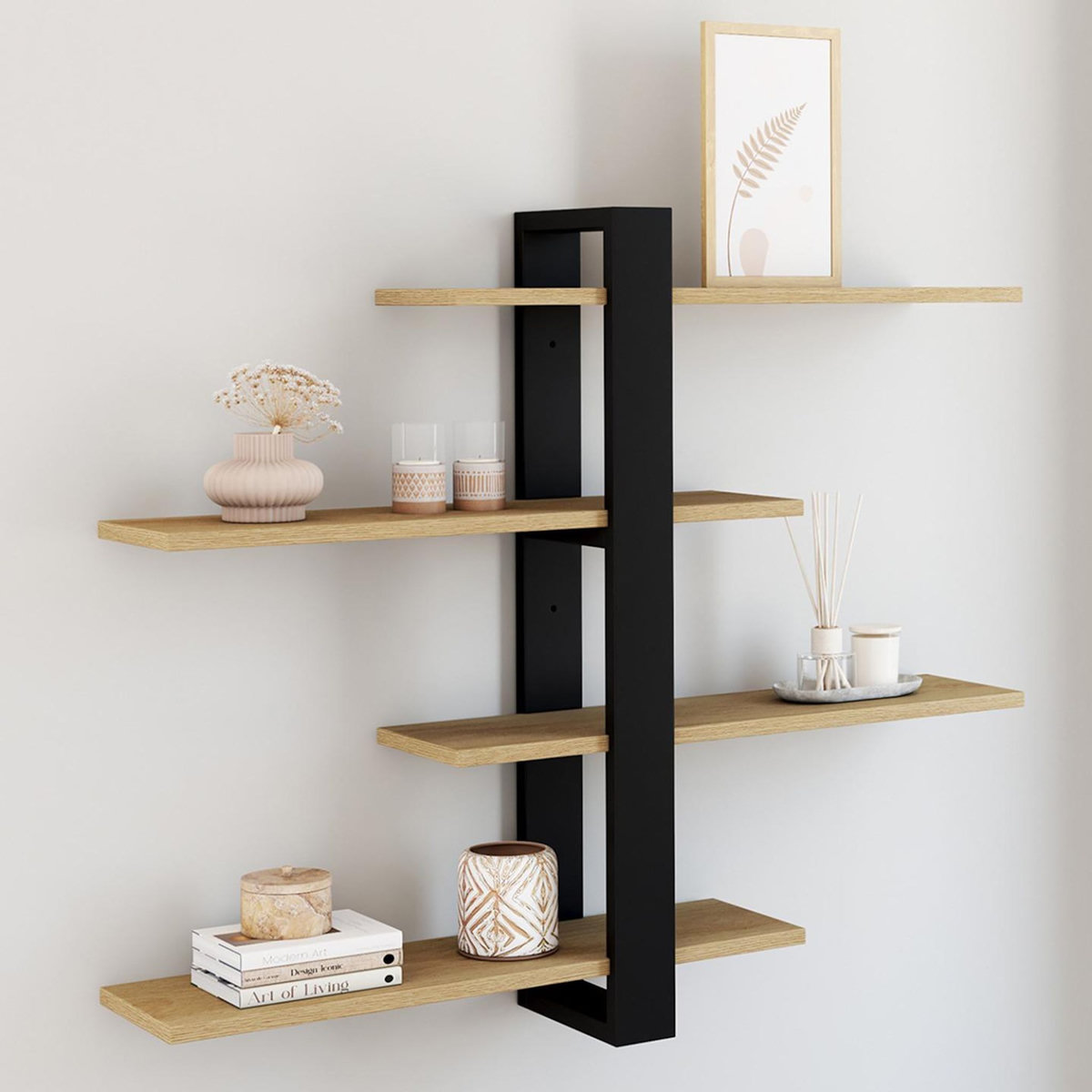 ID MARKET Etagère murale avec étagères coulissantes ORA 4 niveaux façon hêtre et noir