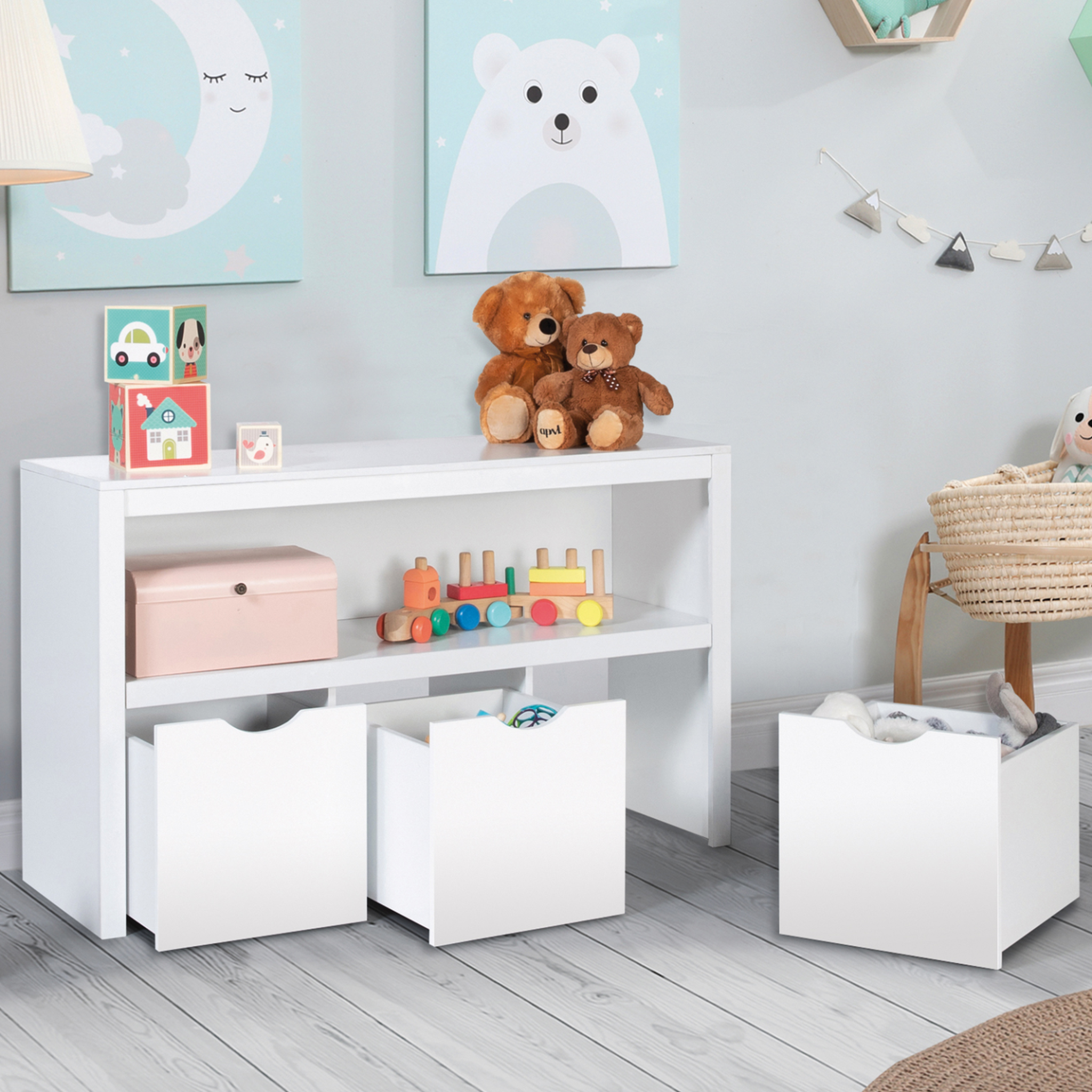Voir la diapositive 2 : ID MARKET Meuble de rangement enfant mana en bois blanc 3 tiroirs cubes sur roulettes
