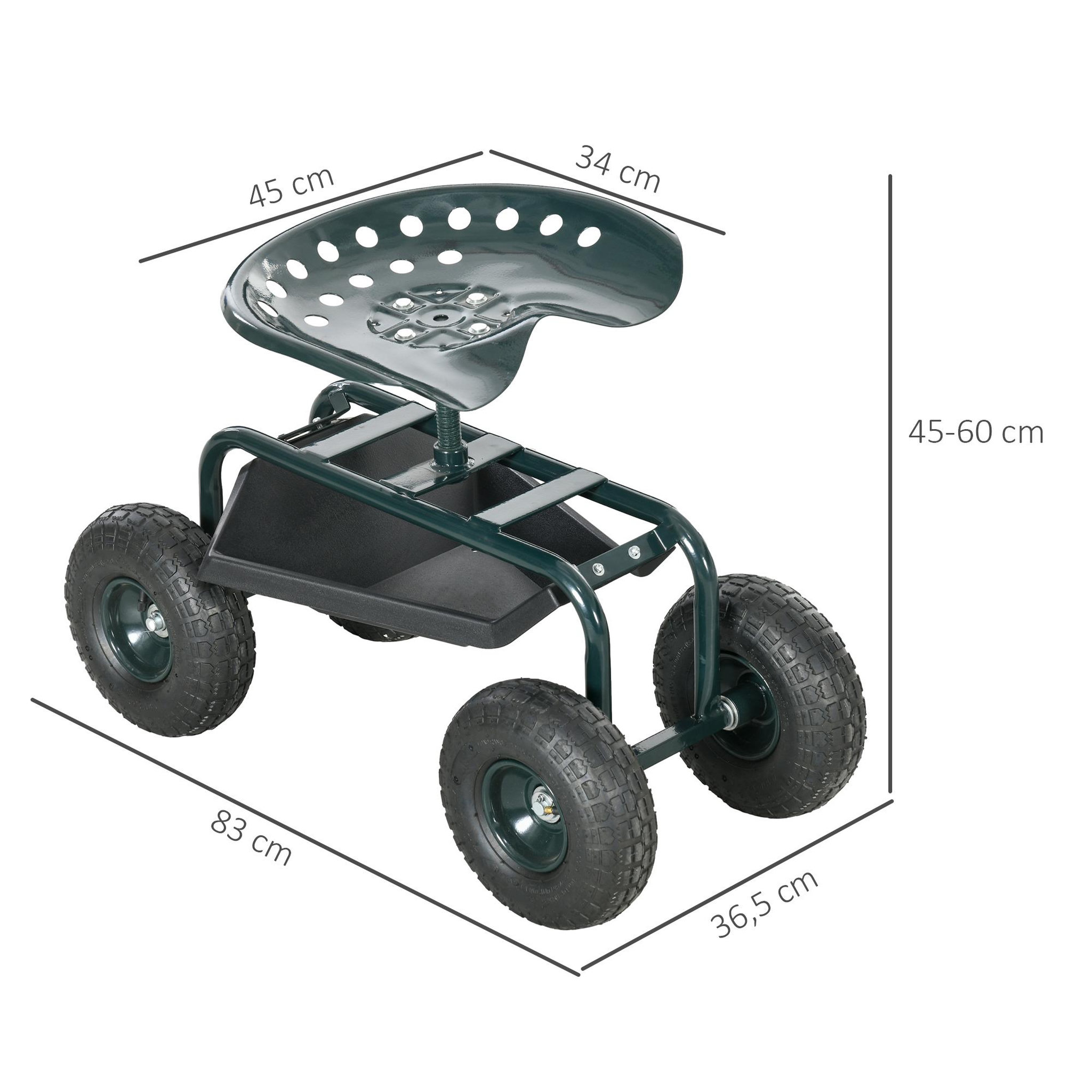 Voir la diapositive 3 : OUTSUNNY 2 en 1 tabouret pivotant réglable chariot mobile de jardin charge max. 150 Kg rangement acier vert