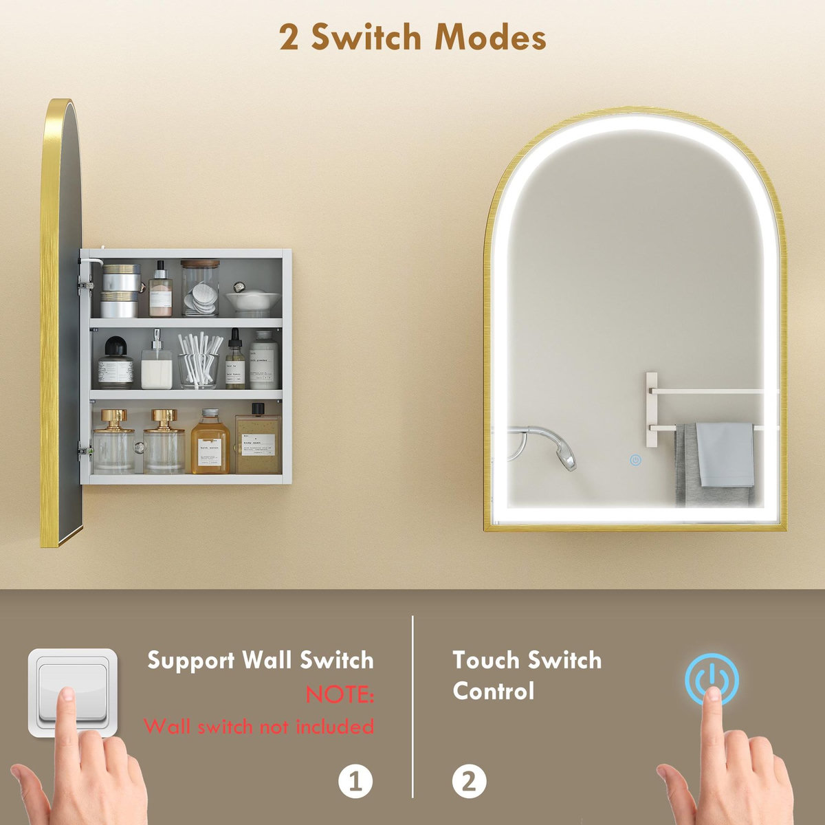 HOMCOM Armoire miroir LED réglable salle de bain design arche alu brossé doré 2 étagères