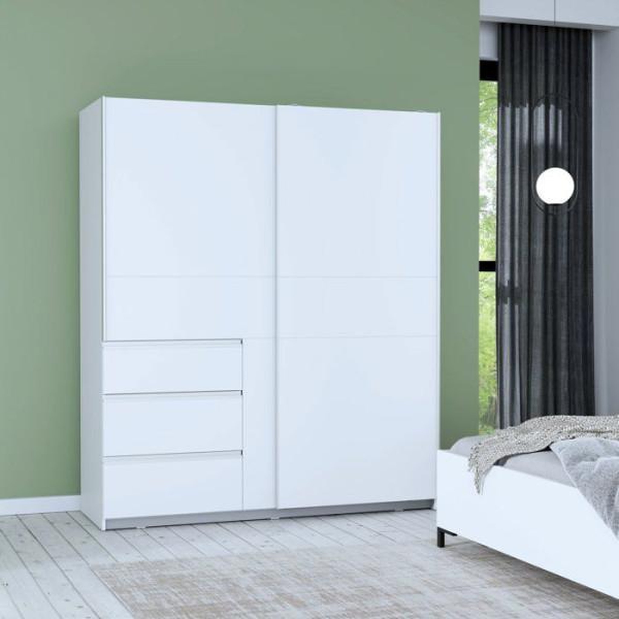 Voir la diapositive 2 : MARKET24 Armoire - 2 portes coulissantes 3 tiroirs - Décor Blanc - L170 x P61 x H200 cm - WINN 2