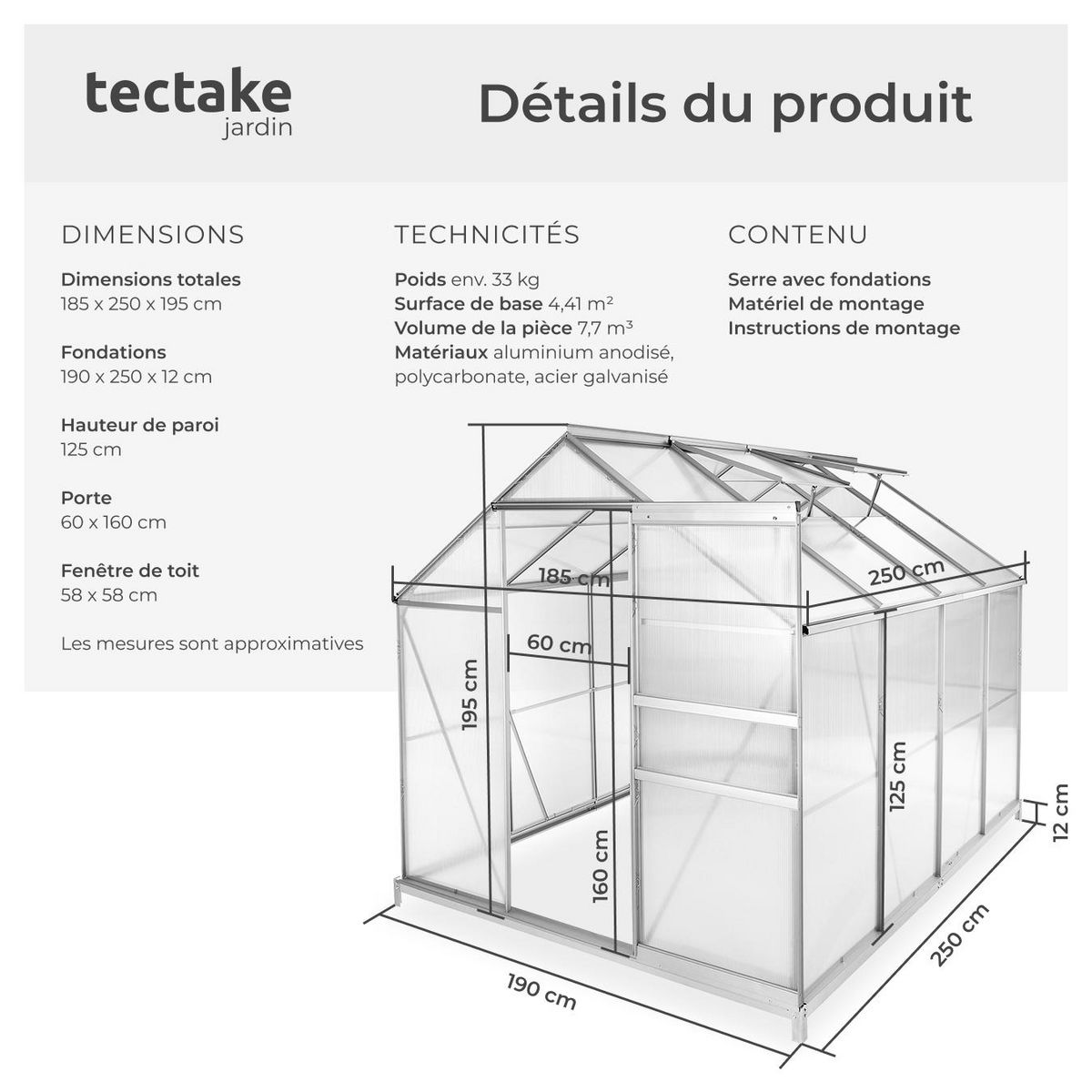 tectake Serre avec fondation 7,7 m³ blanc transparent