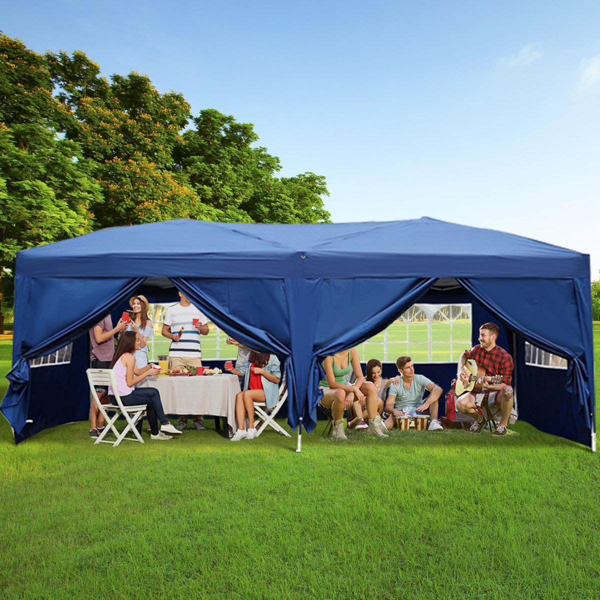 HOMCOM Tonnelle tente de reception pliante pavillon chapiteau barnum 5,91L x 2,97l x 2,55H cm bleu cote demontables