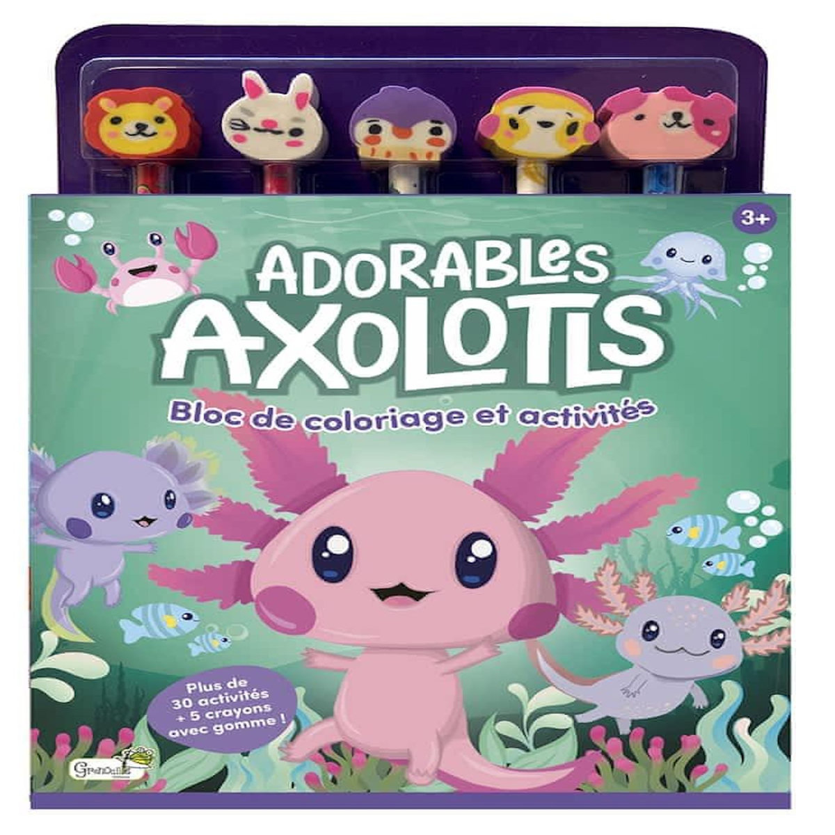ADORABLES AXOLOTLS. BLOC DE COLORIAGE ET ACTIVITES. PLUS DE 30 ACTIVITES + 5 CRAYONS AVEC GOMME !, Grenouille