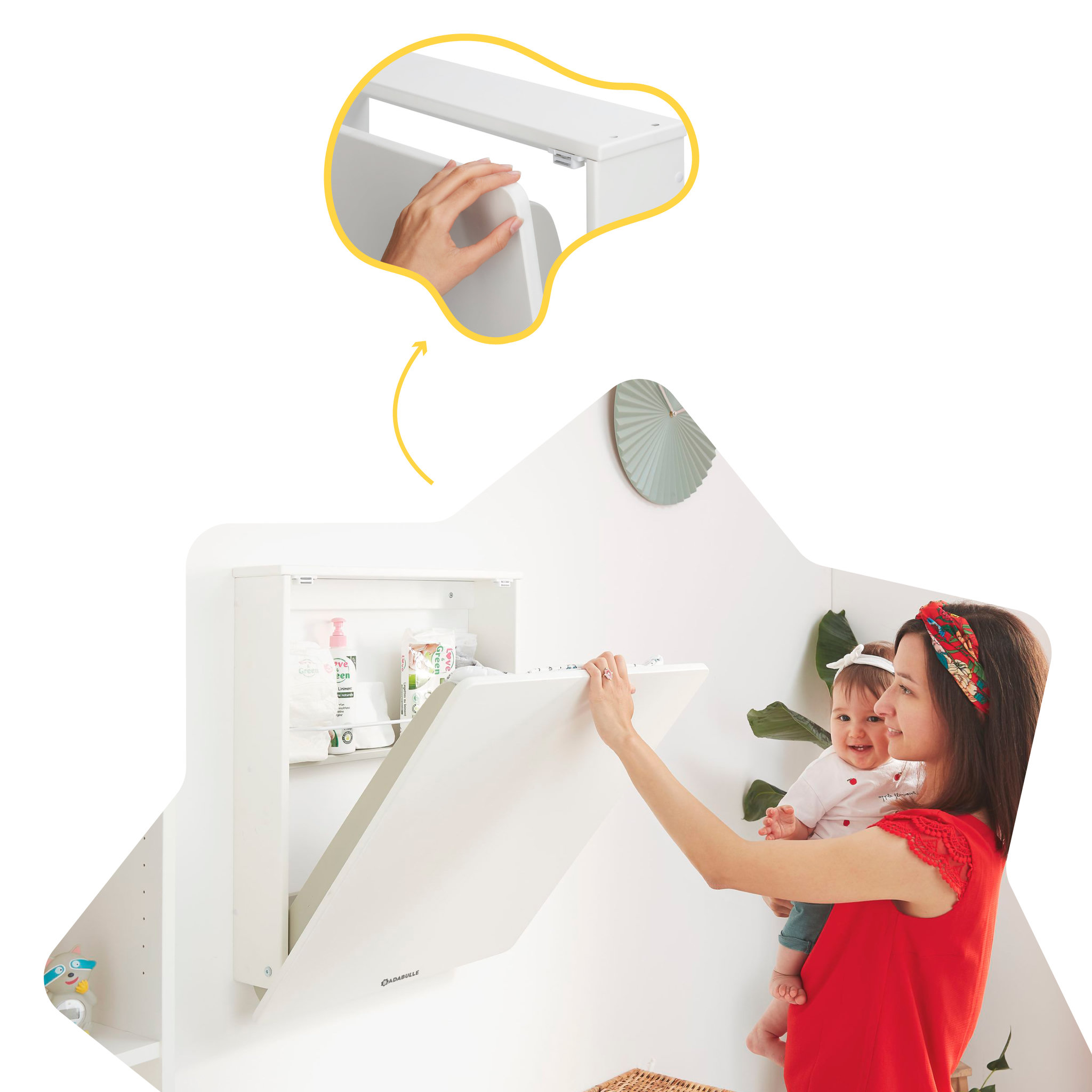 Voir la diapositive 5 : BADABULLE Table à langer murale Plouf compacte avec matelas à langer