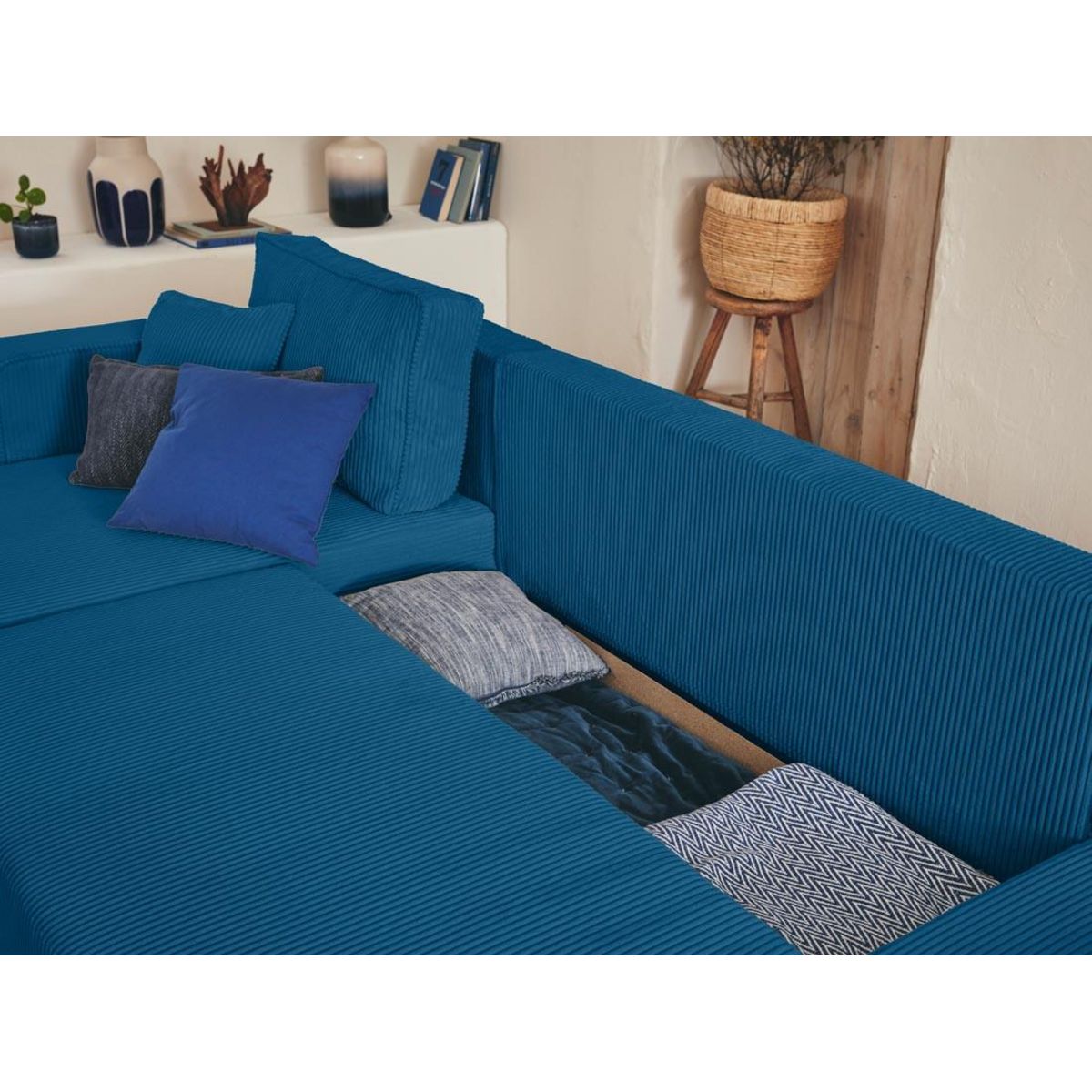 BEST MOBILIER Topaze - canapé d'angle réversible - 4 places - convertible avec coffre - en velours côtelé