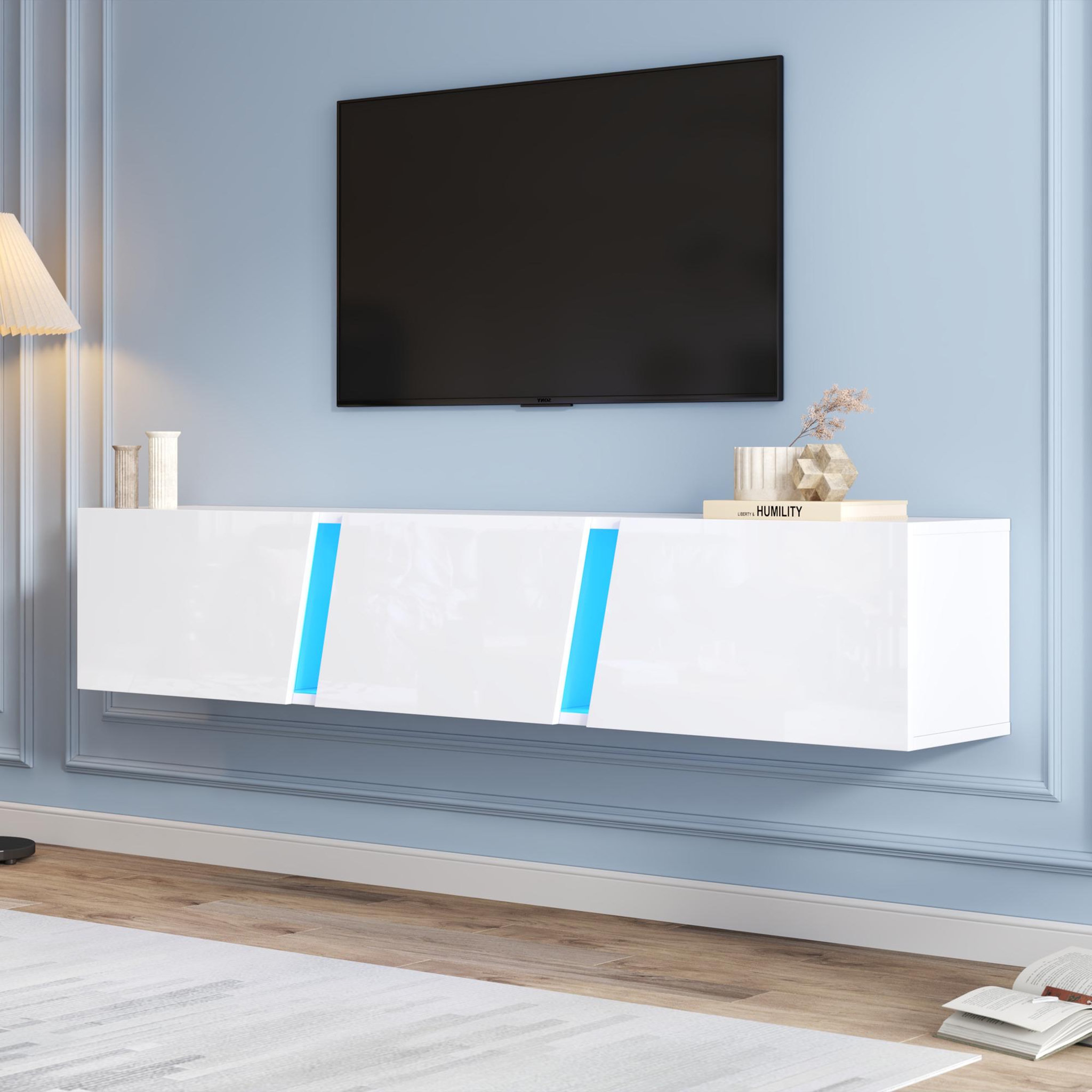 Voir la diapositive 4 : MERAX Meuble tv blanc 180cm led panneau de particules