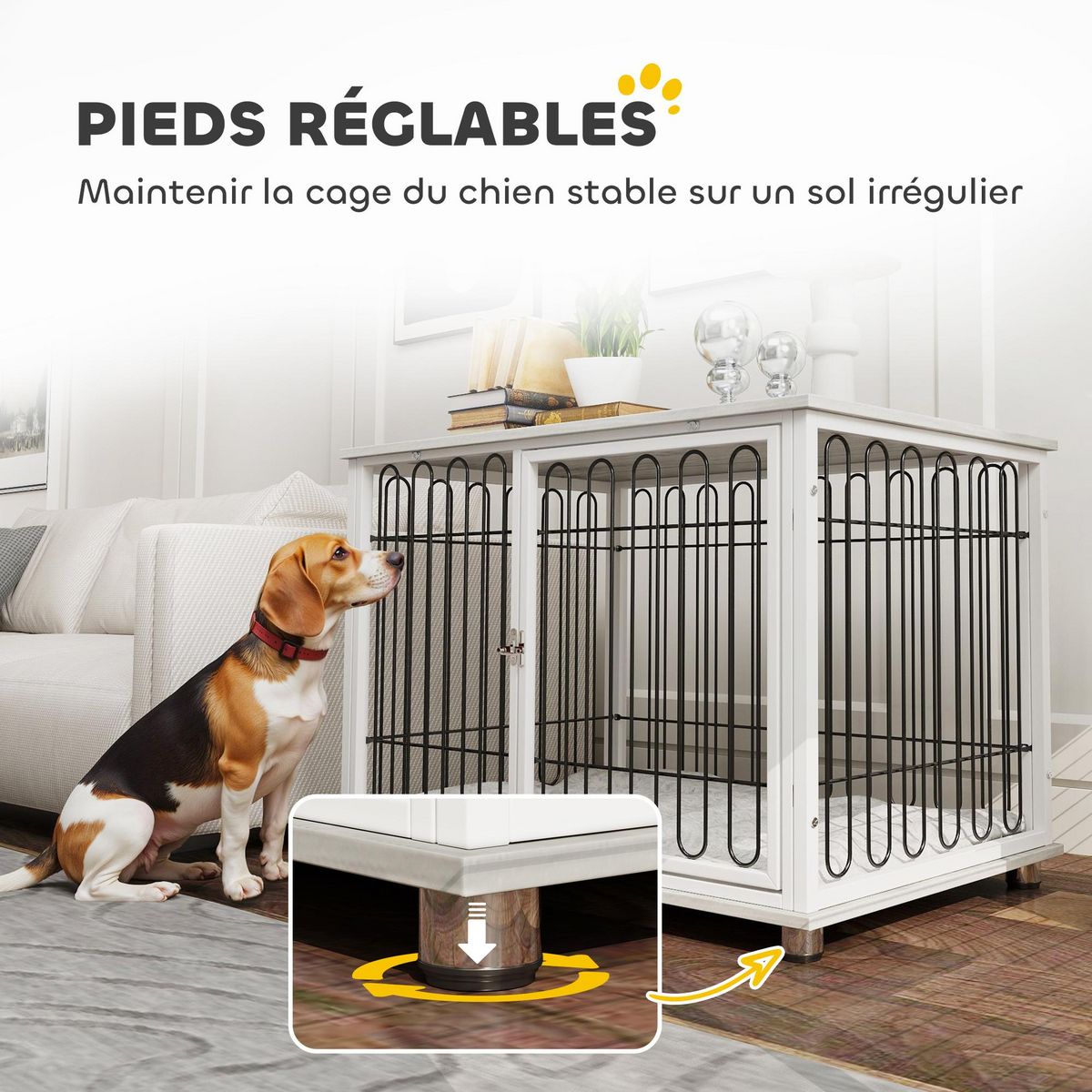 PAWHUT Cage chien avec coussin 90 x 58 x 62 cm - porte verrouillable - effet bois gris clair acier blanc noir
