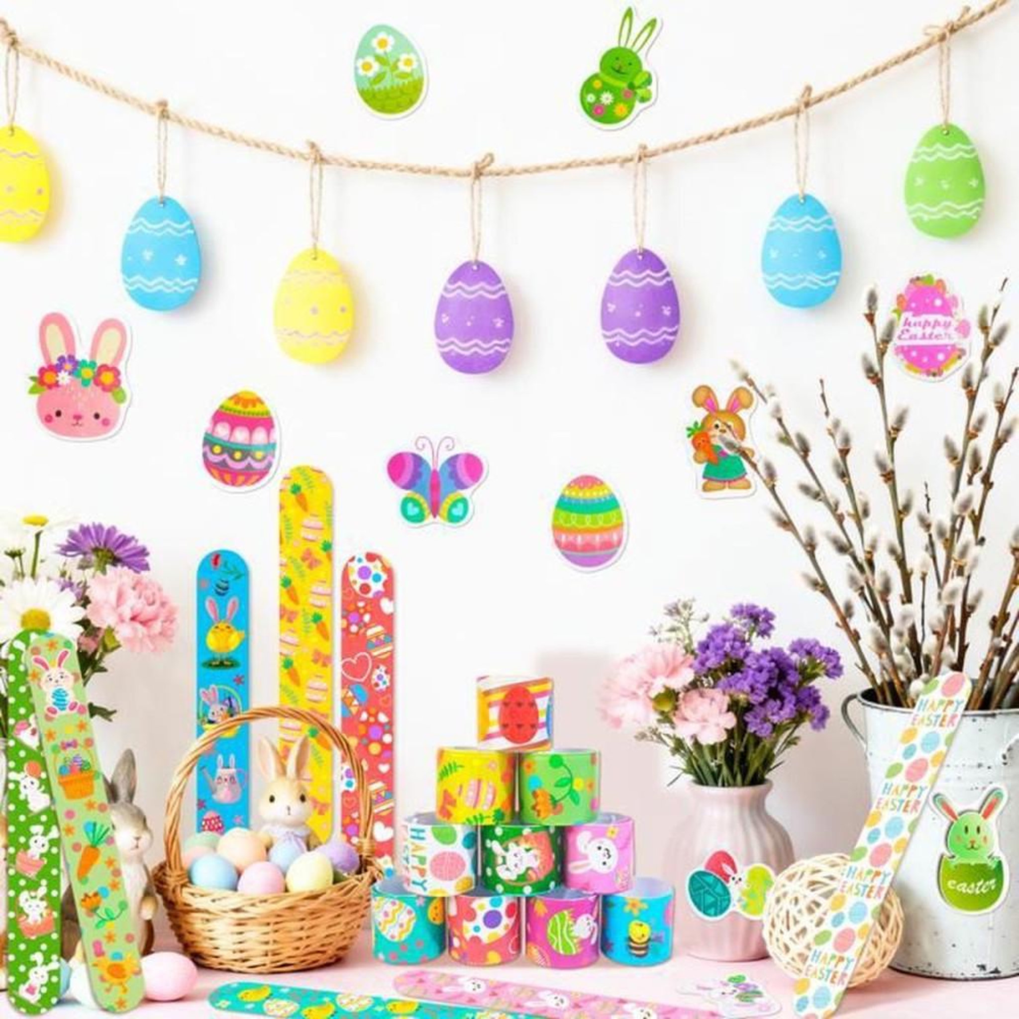 Voir la diapositive 3 : Set de stickers de Pâques multicolores pour enfants, motifs variés œufs lapins paniers fleurs, autocollants et bandes à claquer, tailles 3 à 22,2 cm