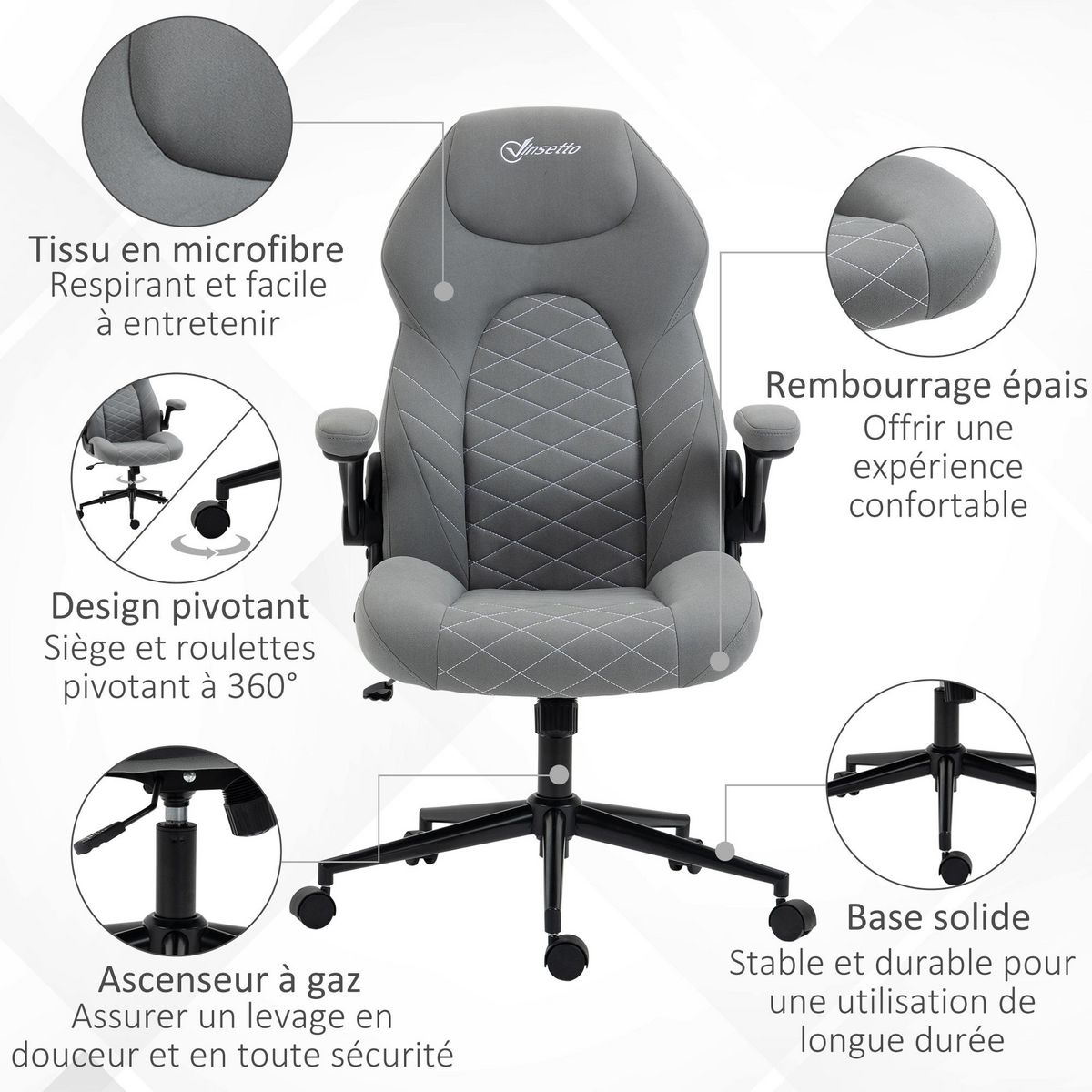 VINSETTO Fauteuil de bureau chaise de bureau ergonomique hauteur réglable pivotant 360° accoudoirs relevables tissu gris clair