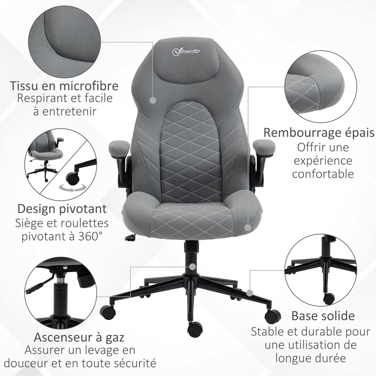 VINSETTO Fauteuil de bureau chaise de bureau ergonomique hauteur réglable pivotant 360° accoudoirs relevables tissu gris clair