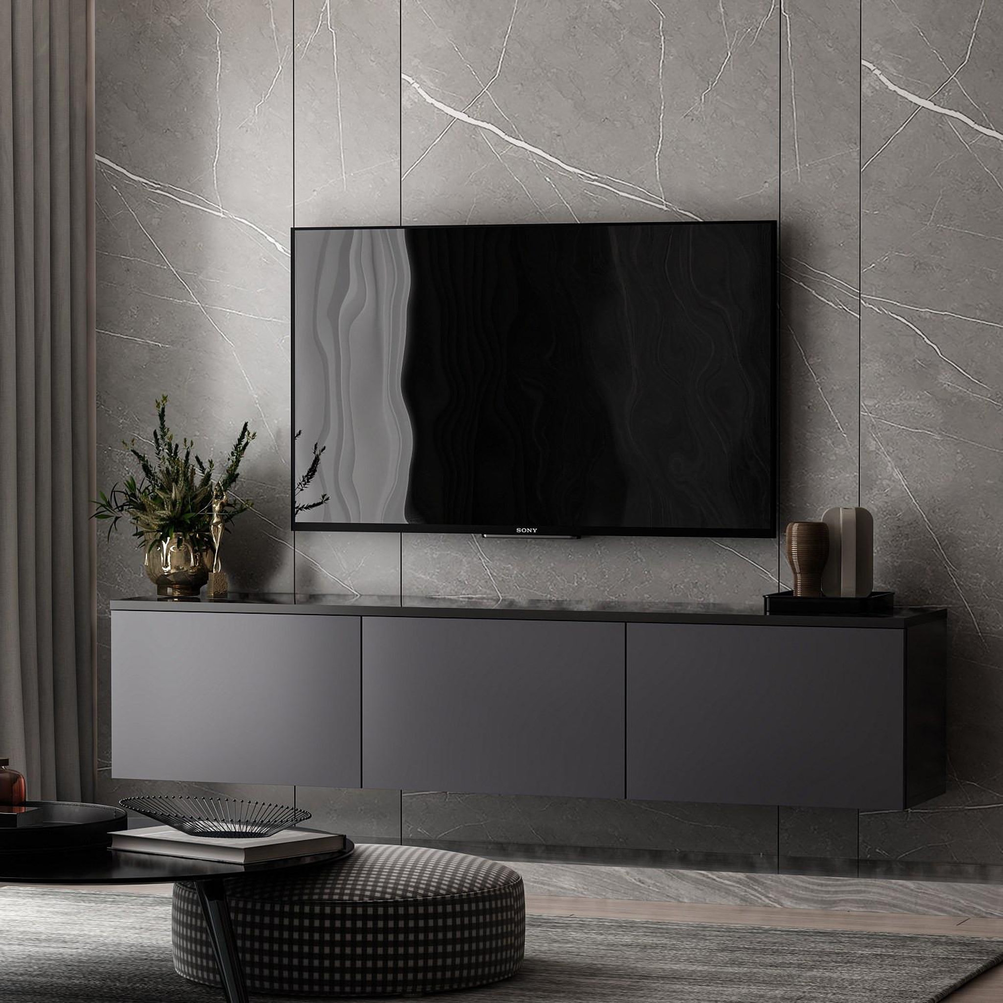 Voir la diapositive 4 : Habitat et Jardin Meuble tv suspendu en bois avec éclairage led  neon  - 160 x 32 x 35 cm - gris anthracite