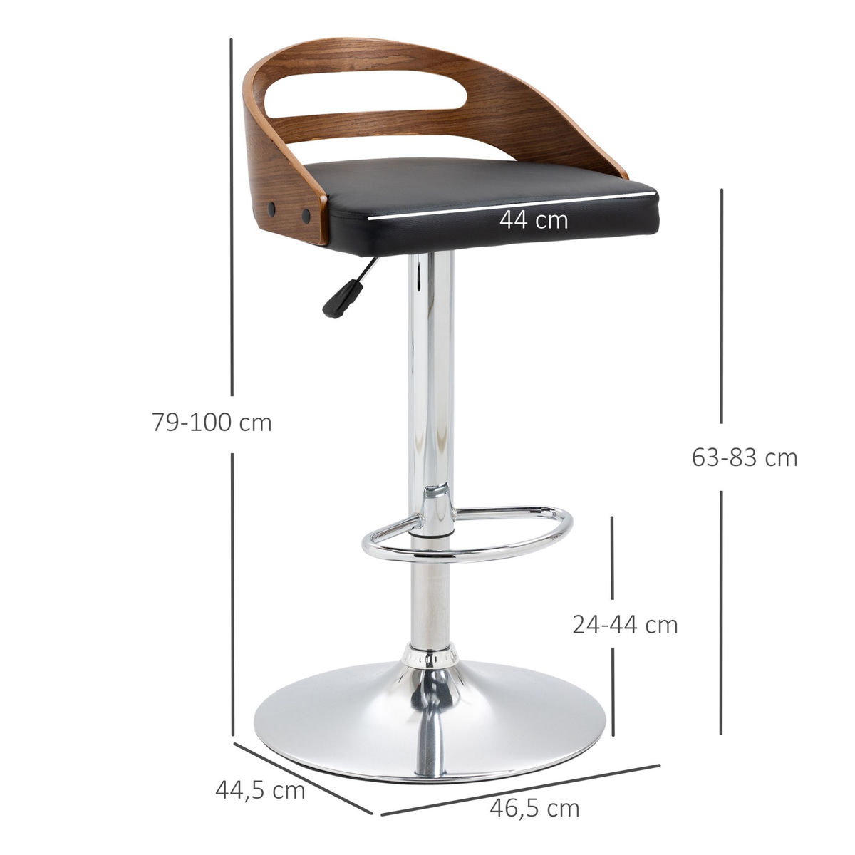 HOMCOM Lot de 2 tabourets de bar design contemporain hauteur d'assise réglable pivotant 360° revêtement synthétique noir dossier ajouré aspect bois