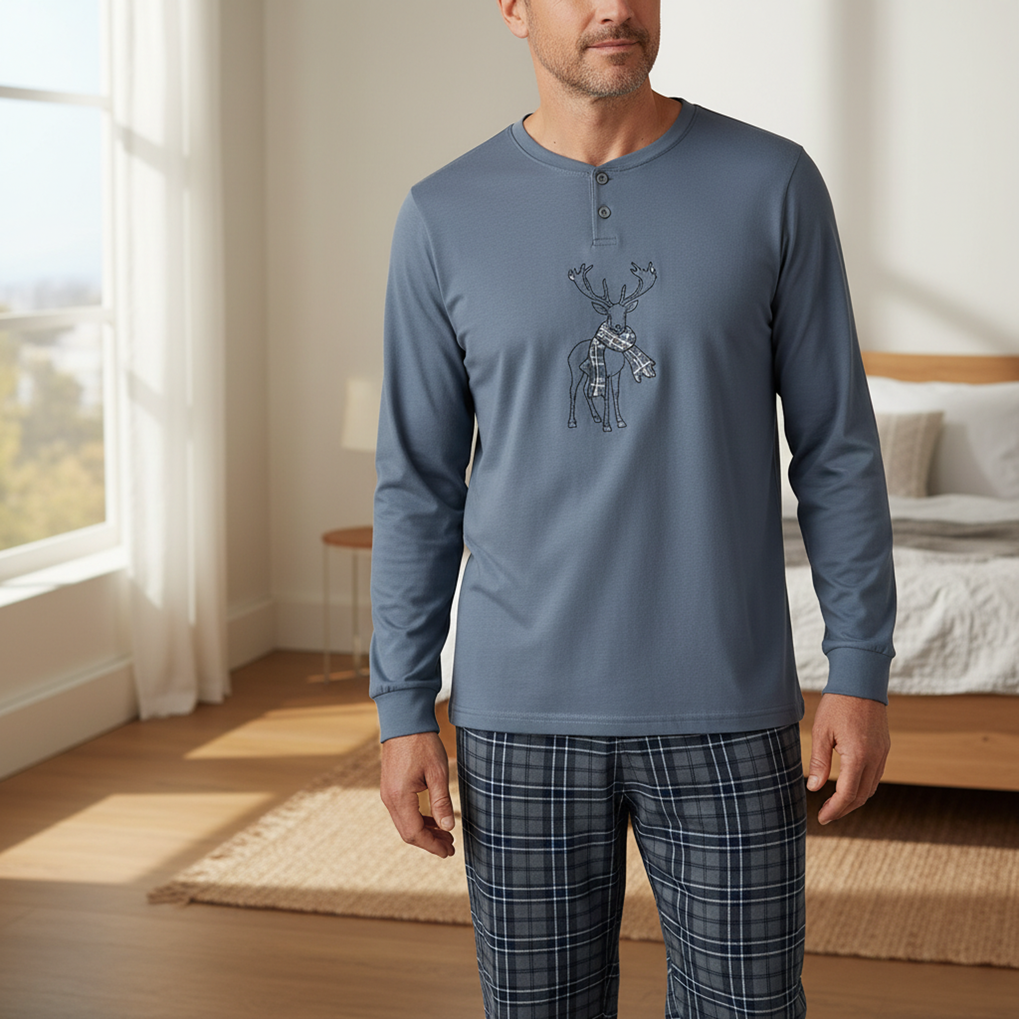 Voir la diapositive 2 : OZABI Ozabi ensemble pyjama homme coton majoritaire broderie cerf écossais