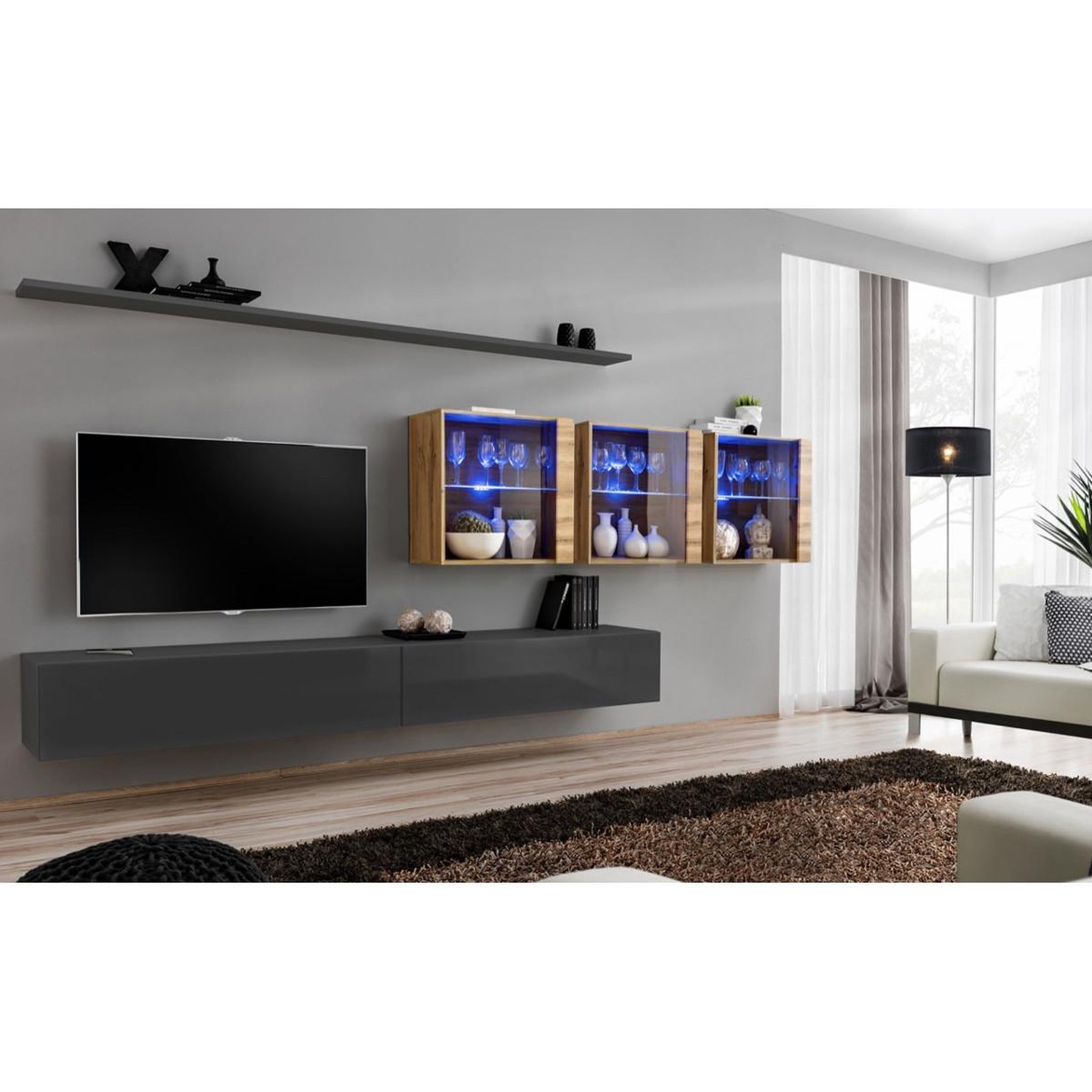 Voir la diapositive 1 : Paris Prix Meuble tv mural design  switch xvii  340cm gris & naturel