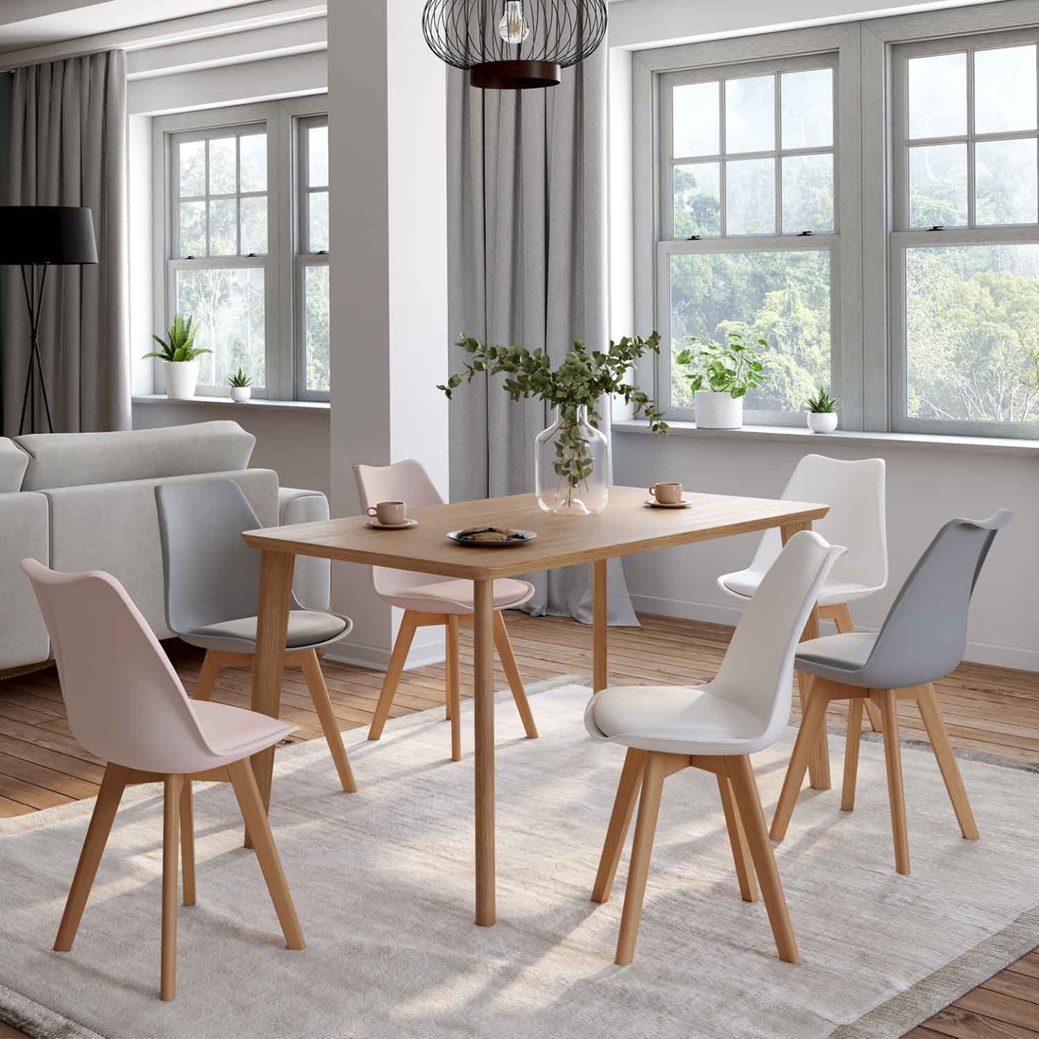 Voir la diapositive 2 : ID MARKET Lot de 6 chaises scandinaves sara mix color pastel rose x2, gris clair x2 et blanc x2