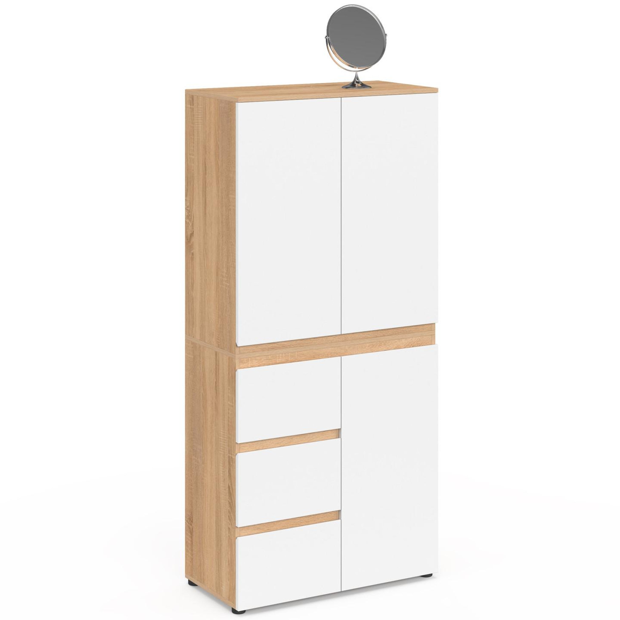 ID MARKET Meuble armoire colonne salle de bain TOMI 3 portes et 3 tiroirs façon hêtre et blanc