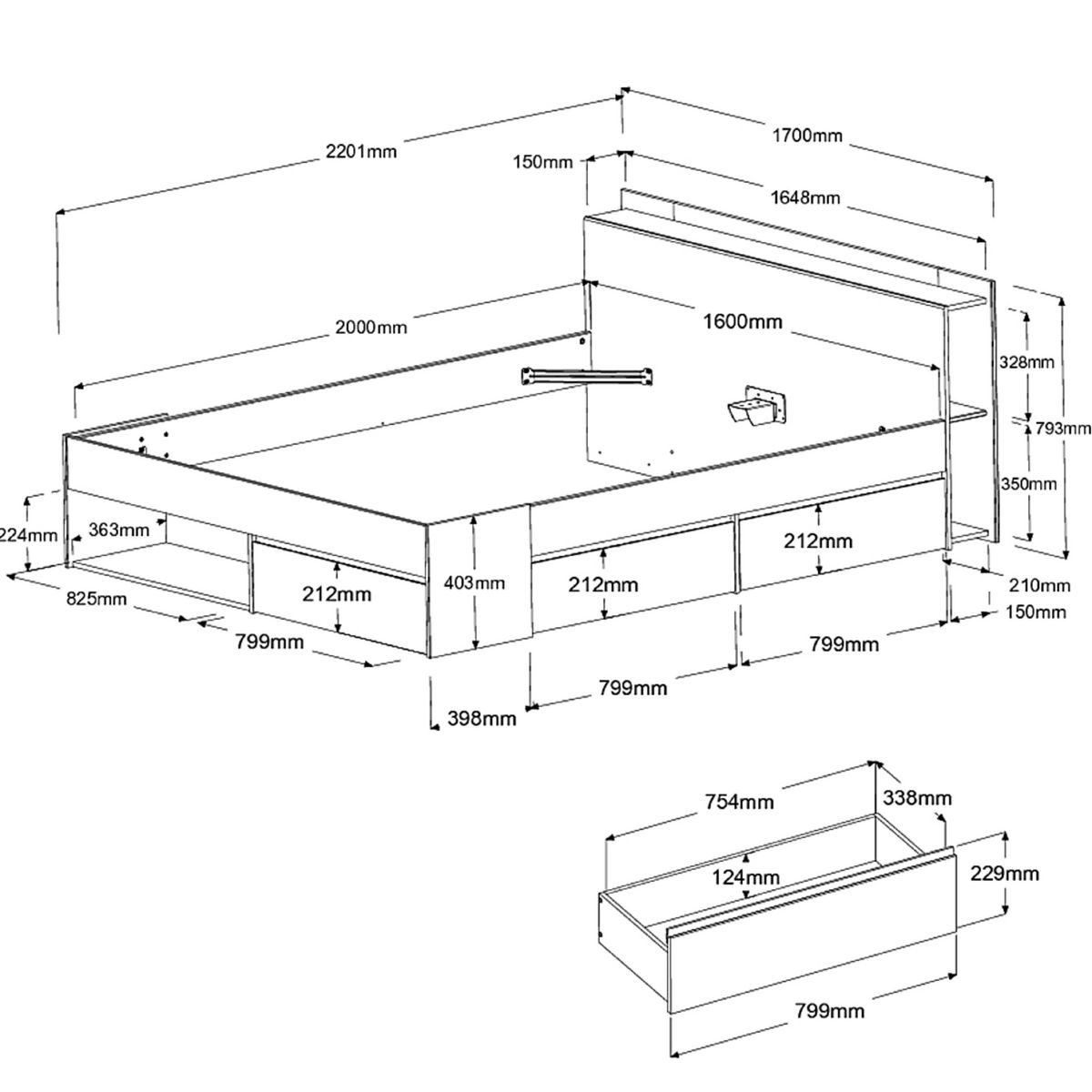 Lit double adulte 140x190 / 140x200 cm avec rangements BOOST