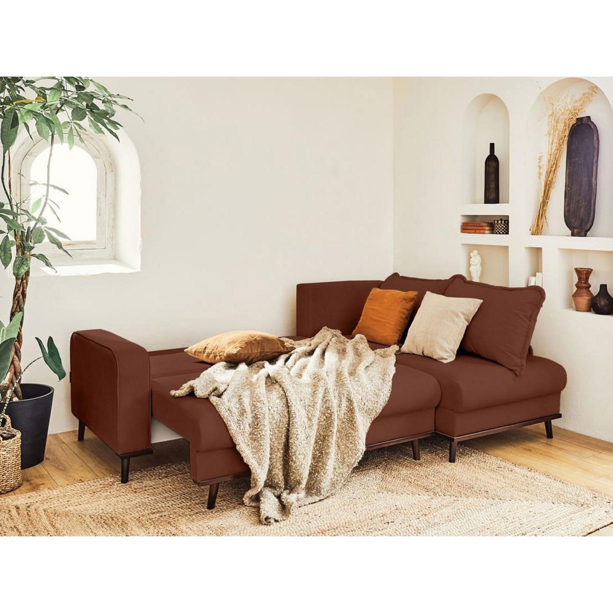 LISA DESIGN Albane - canapé d'angle droit - 4 places - convertible avec coffre - en velours côtelé