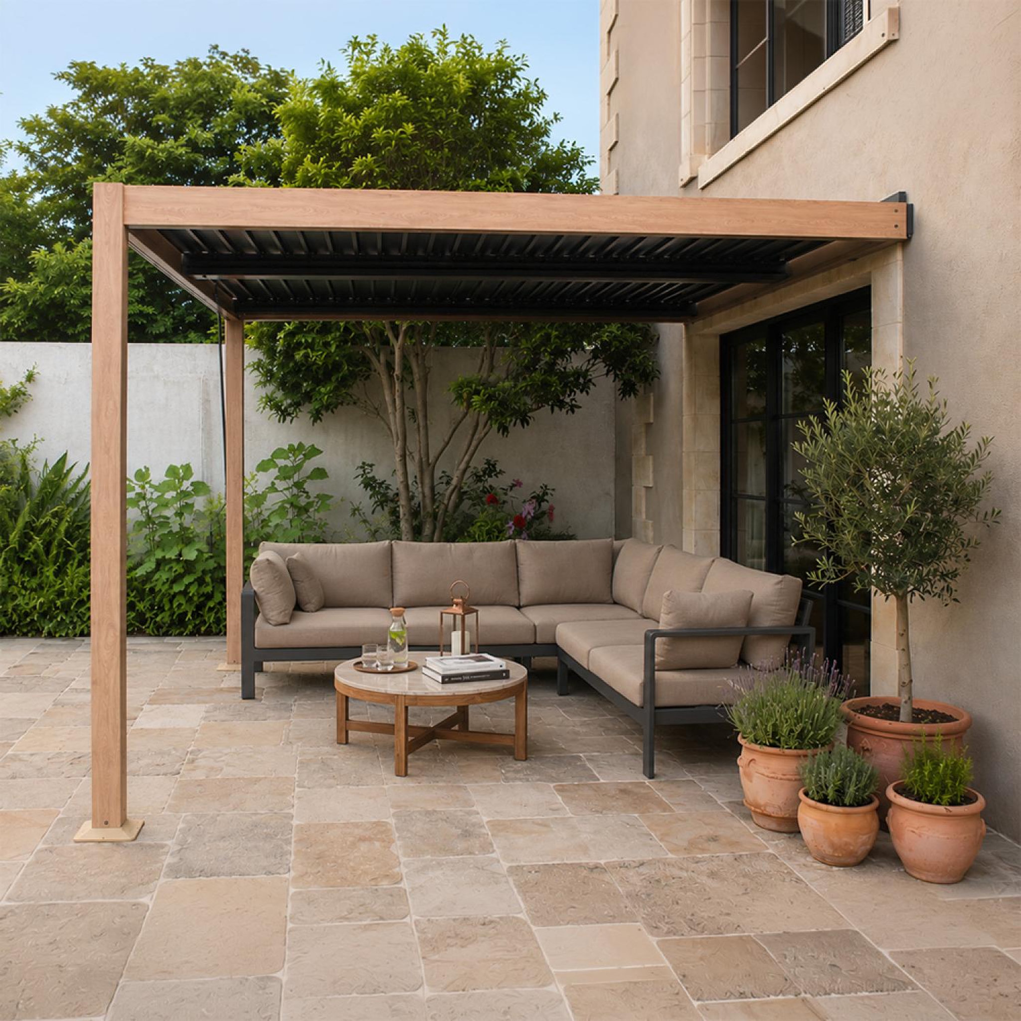 Voir la diapositive 6 : CONCEPT USINE Pergola bioclimatique 3x3m adossée effet bois sifnos