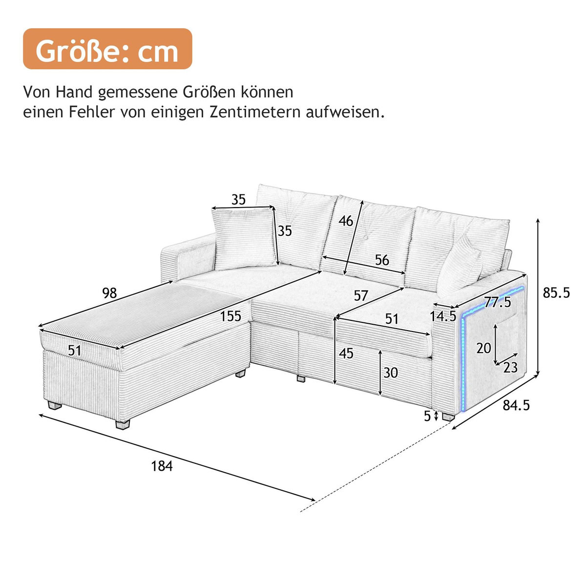 MERAX Canapé d‘angle réversible fixe 3 places tissu led