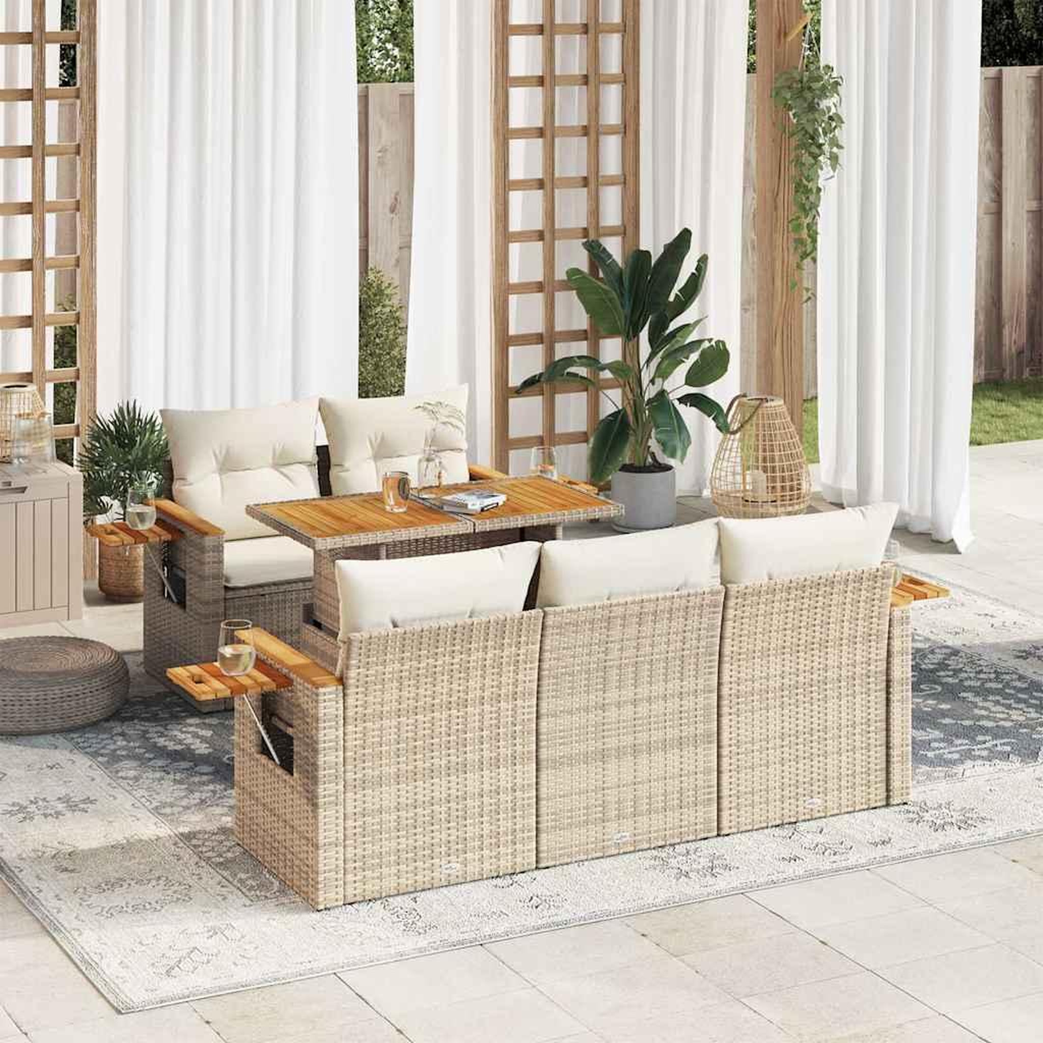 VIDAXL Salon de jardin 6 pcs avec coussins beige resine tressee acacia