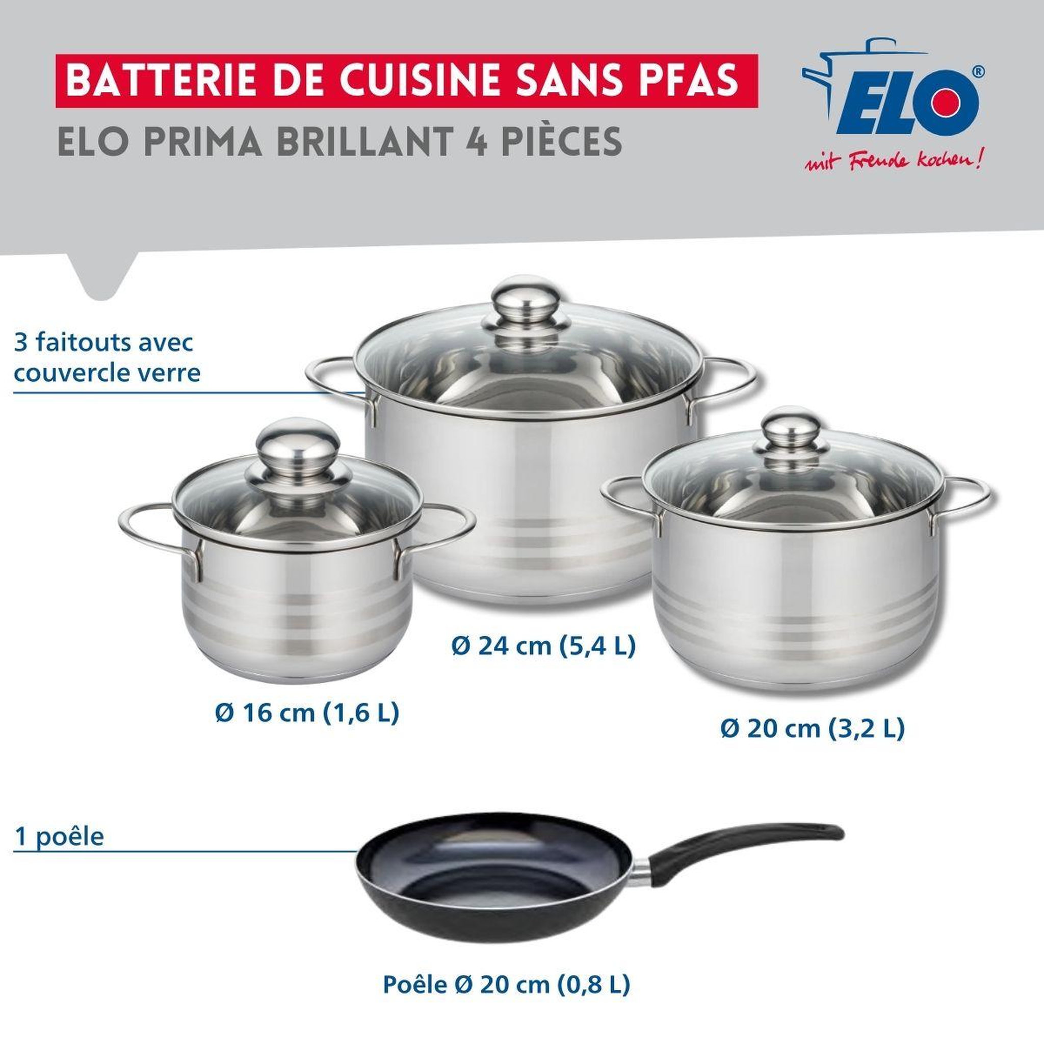 Voir la diapositive 2 : ELO Ensemble de 1 poêle de cuisson 20 cm et 3 faitouts 16, 20 et 24 cm elo prima brillant