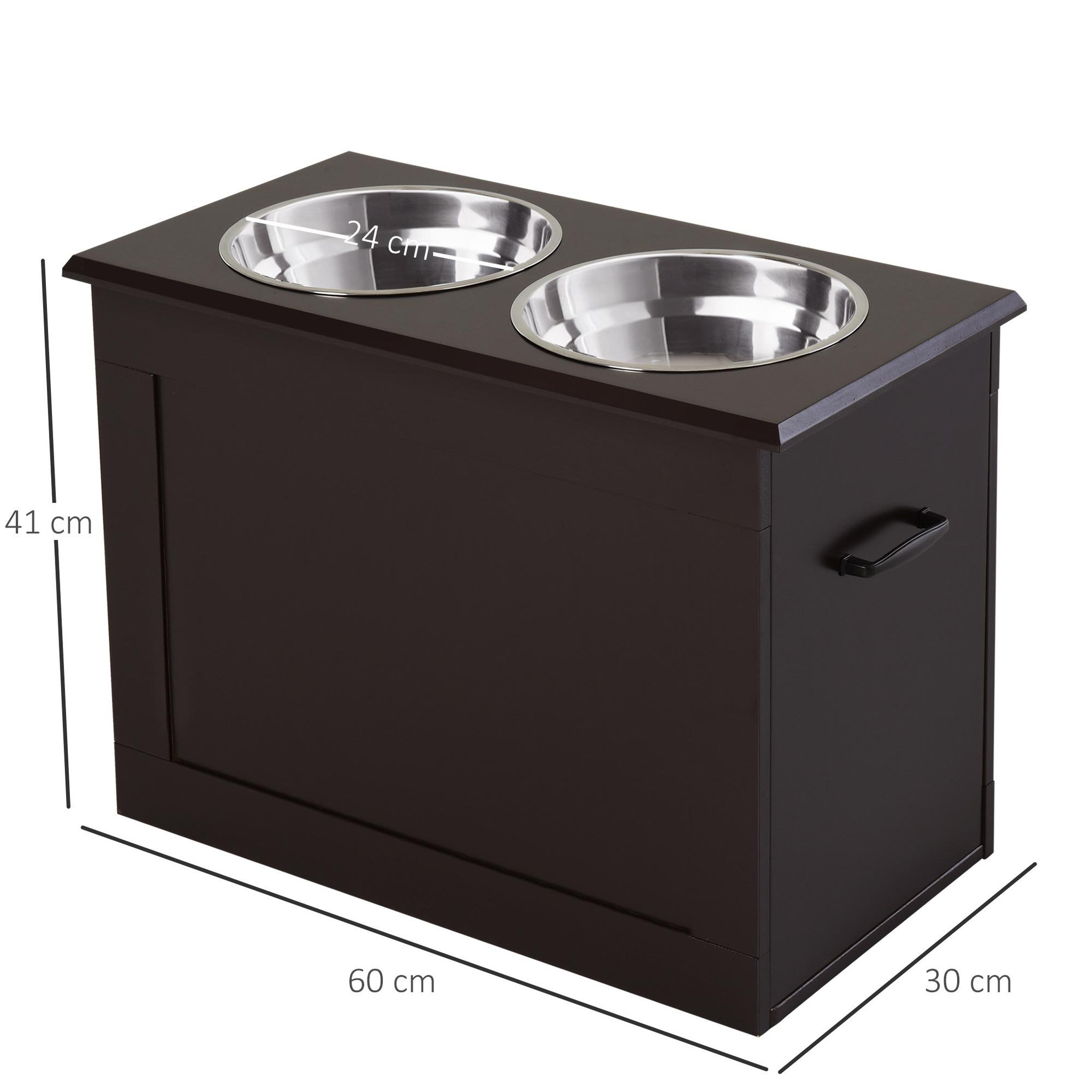 Voir la diapositive 3 : PAWHUT Gamelle double chien chat Porte-gamelles surélevé dim. 60L x 30l x 41H cm 2 gamelles poignées coffre MDF